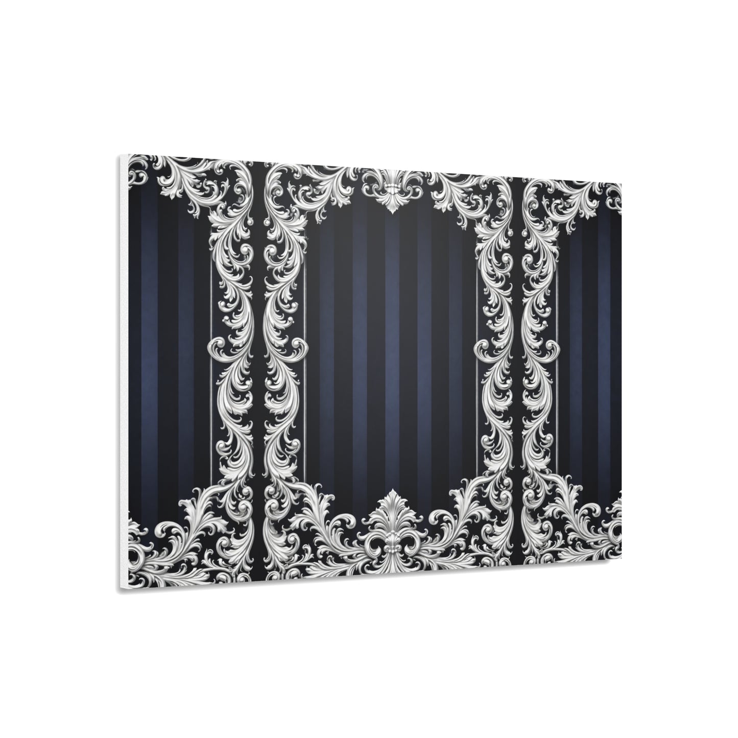 Navy Stripes & Baroque Foam Board Backdrop — Ornate Silver Scroll Panel