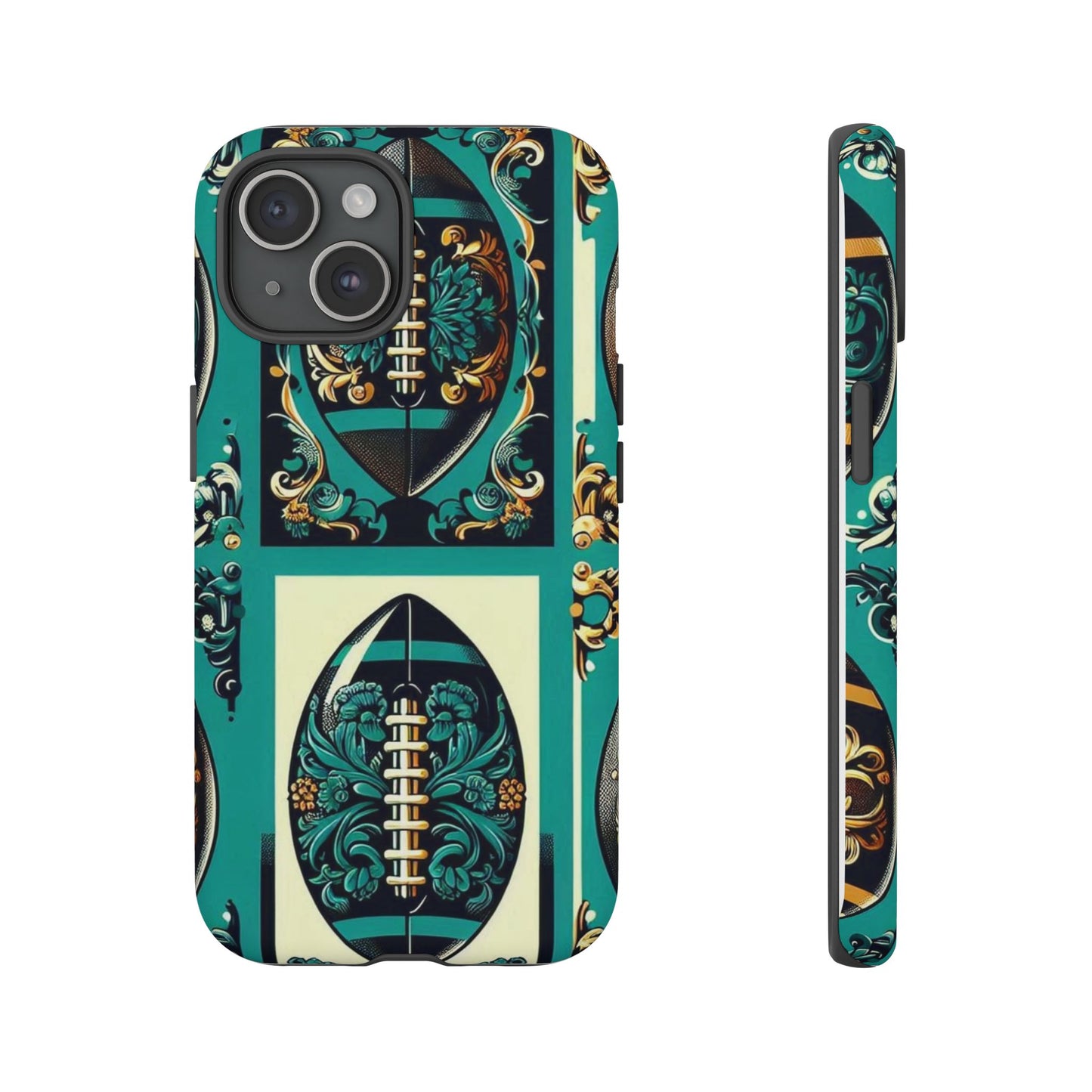 Elegant Floral Motif Phone Case - Tough Cases with Vintage Design -  Damask Teal, Gold & Black Footballs