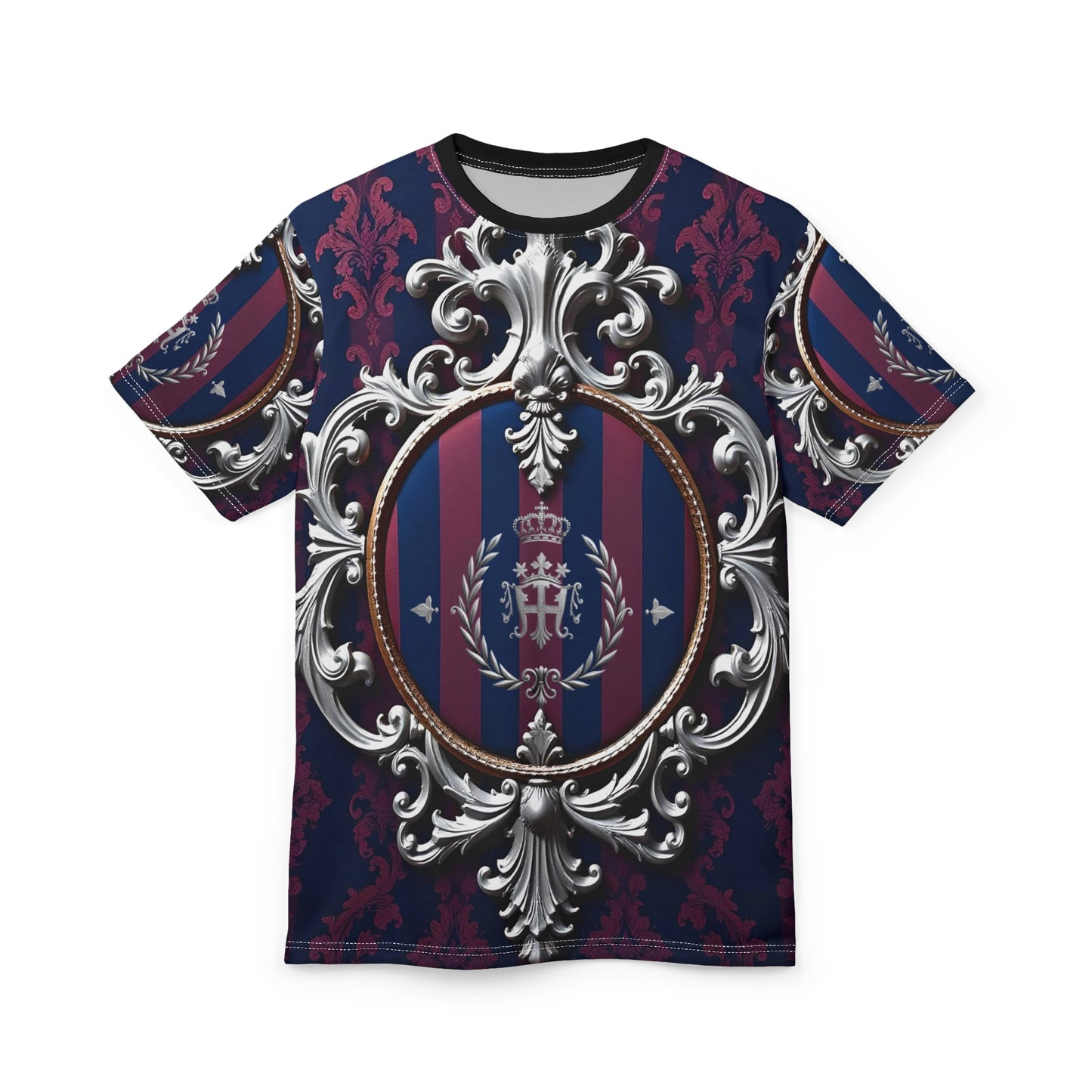 Regal Pattern Unisex T-Shirt - Elegant Fashion Tee for All Occasions, Stylish Gift, Statement Shirt, Trendy Outfit - Blue & Plum Striped Silver Crest