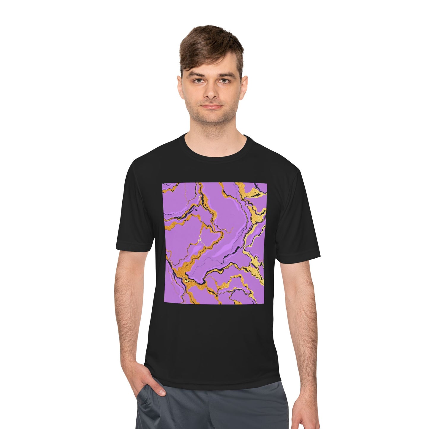 Unisex Moisture-Wicking Tee with Purple and Gold Marble Design - Athletic Shirt, Casual Wear, Fitness Apparel, Summer Style, Gift Idea