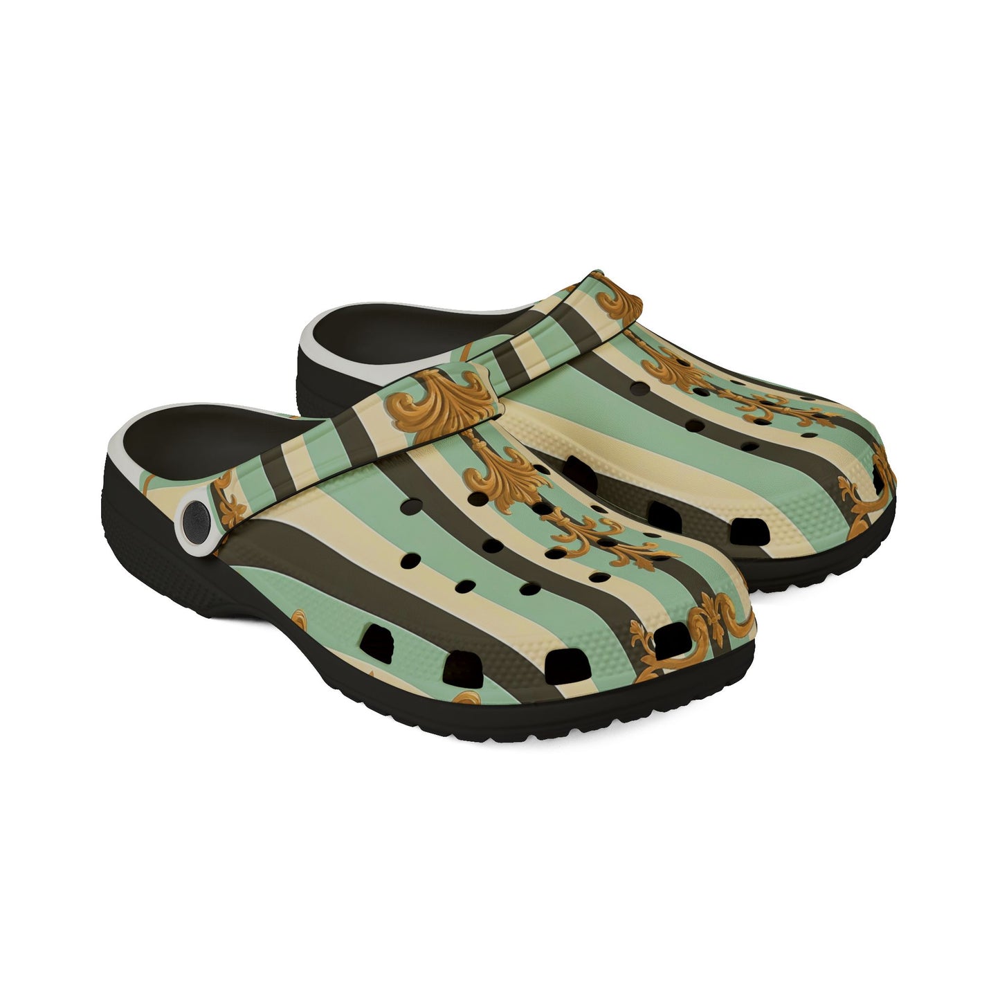 Stylish EVA Foam Rubber Shoes - Unique Printed Clogs for Comfort, Summer Footwear, Garden Use - Black & Matte Mint Striped Rococo