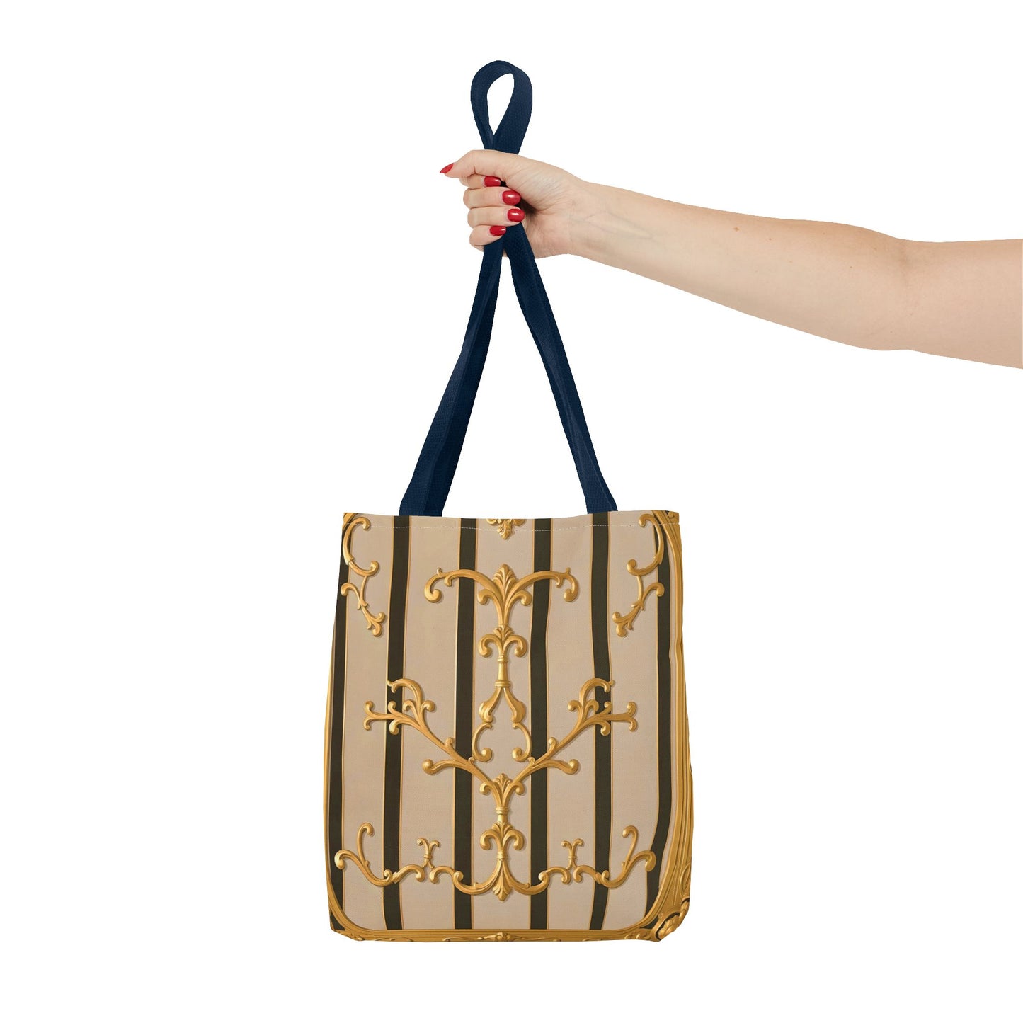 Elegant Gold Pattern Tote Bag - Stylish Carryall for Everyday Use, Eco-Friendly Shopping, Gift for Her - Beige Striped Gold Rococo