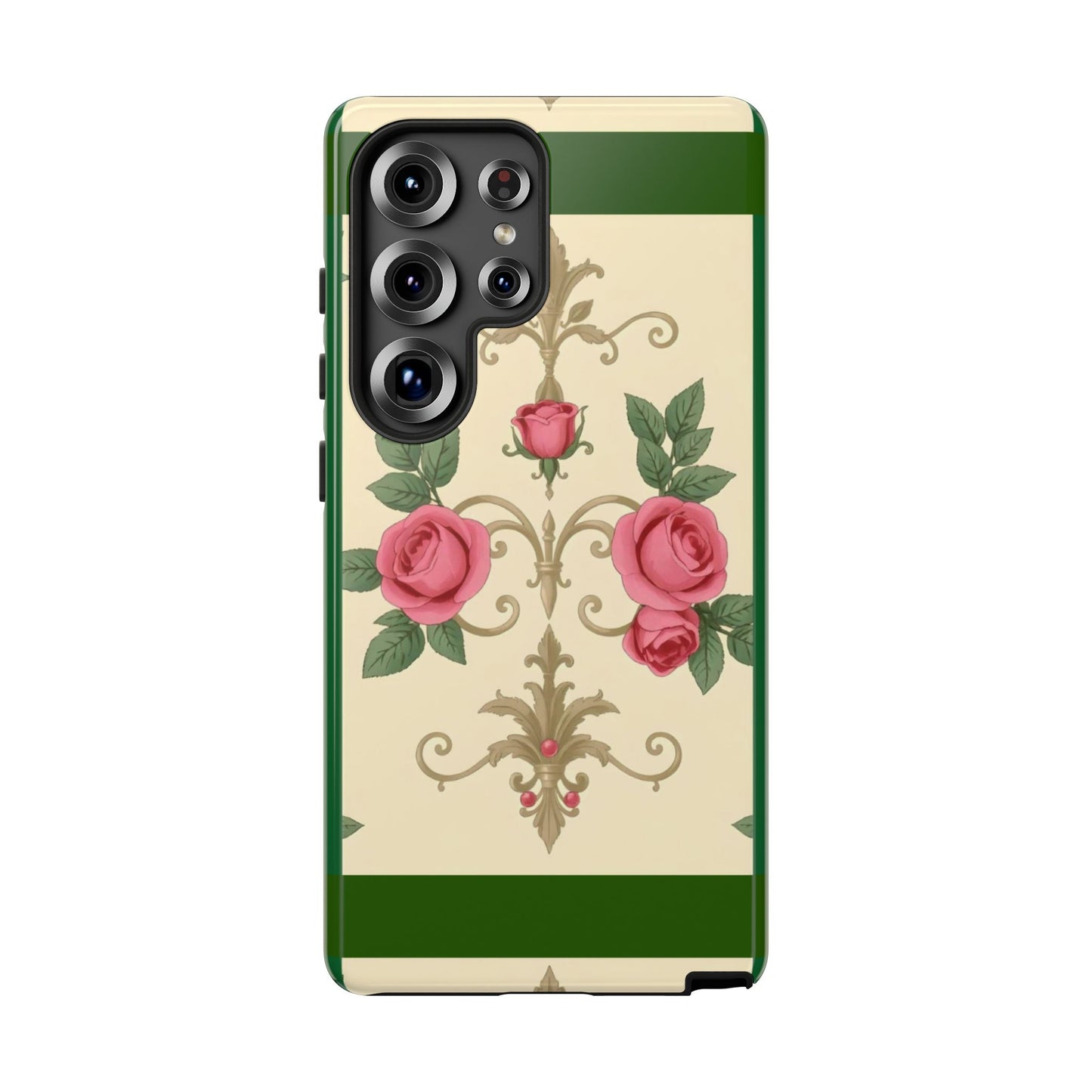 Elegant Floral Motif Phone Case - Tough Cases with Vintage Design - Green Border Roses & Damask