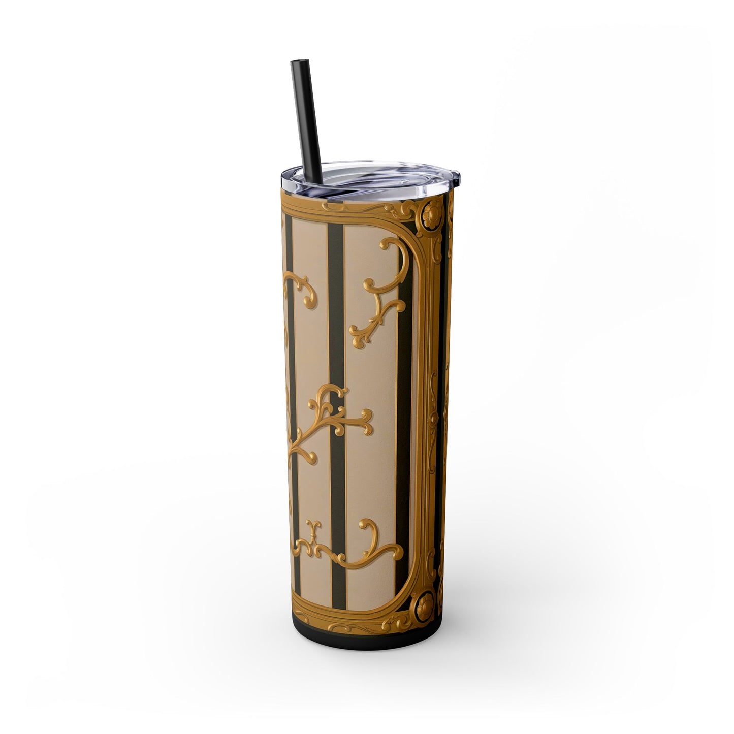 Skinny Tumbler with Straw, 20oz - Beige Striped Gold Rococo