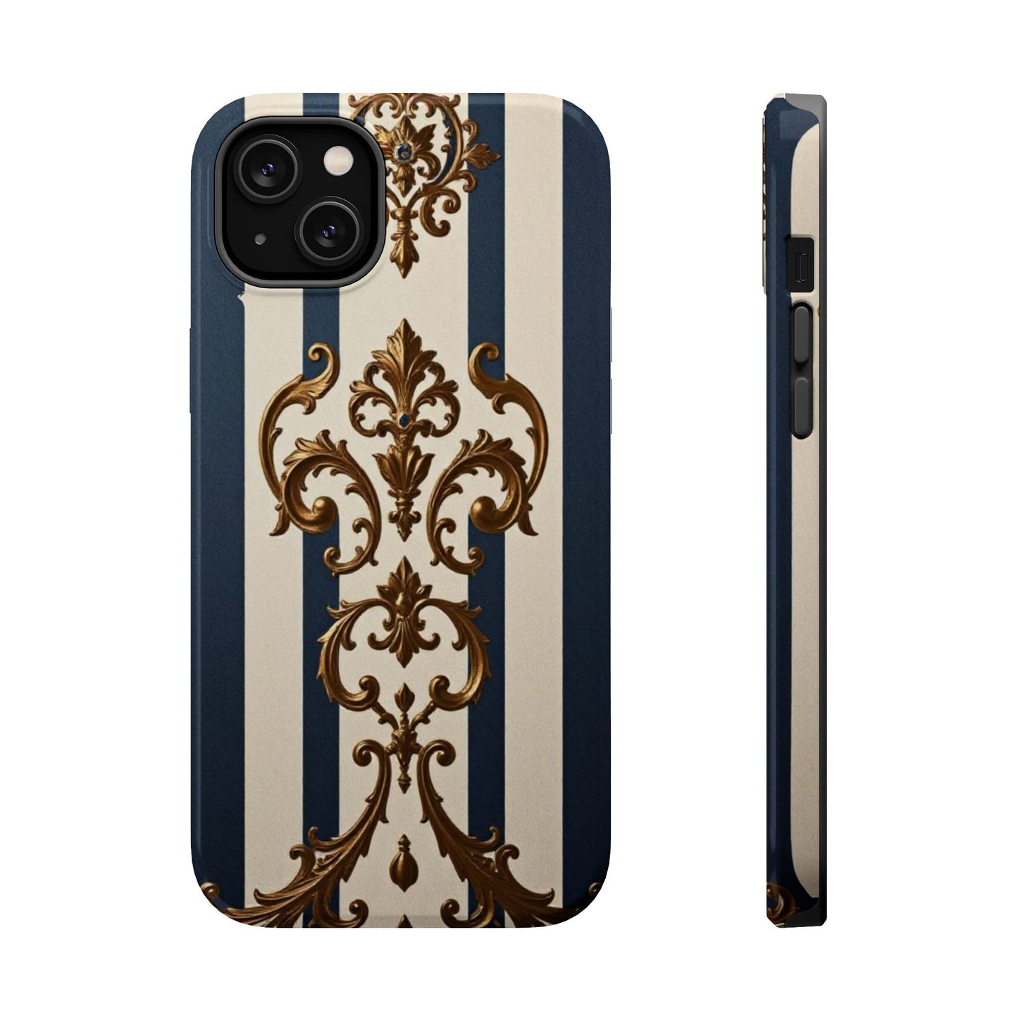 Elegant Striped Magnetic Tough Case - Classic Blue and Gold Damask Design