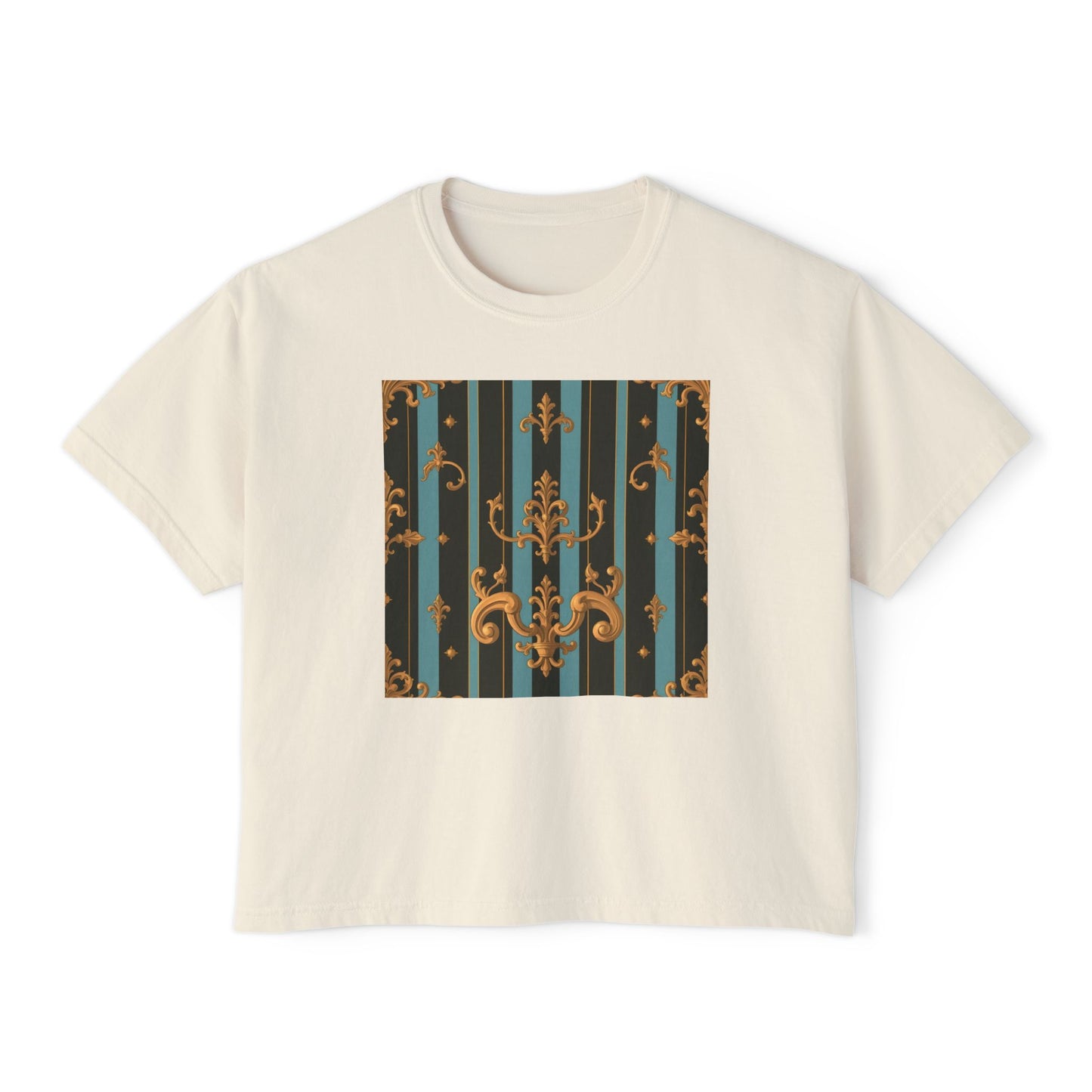 Chic Women's Boxy Tee with Elegant Vintage Design, Casual Outfit, Gift for Her, Summer Style, Fashion Tee - Black & Turquoise Striped Baroque