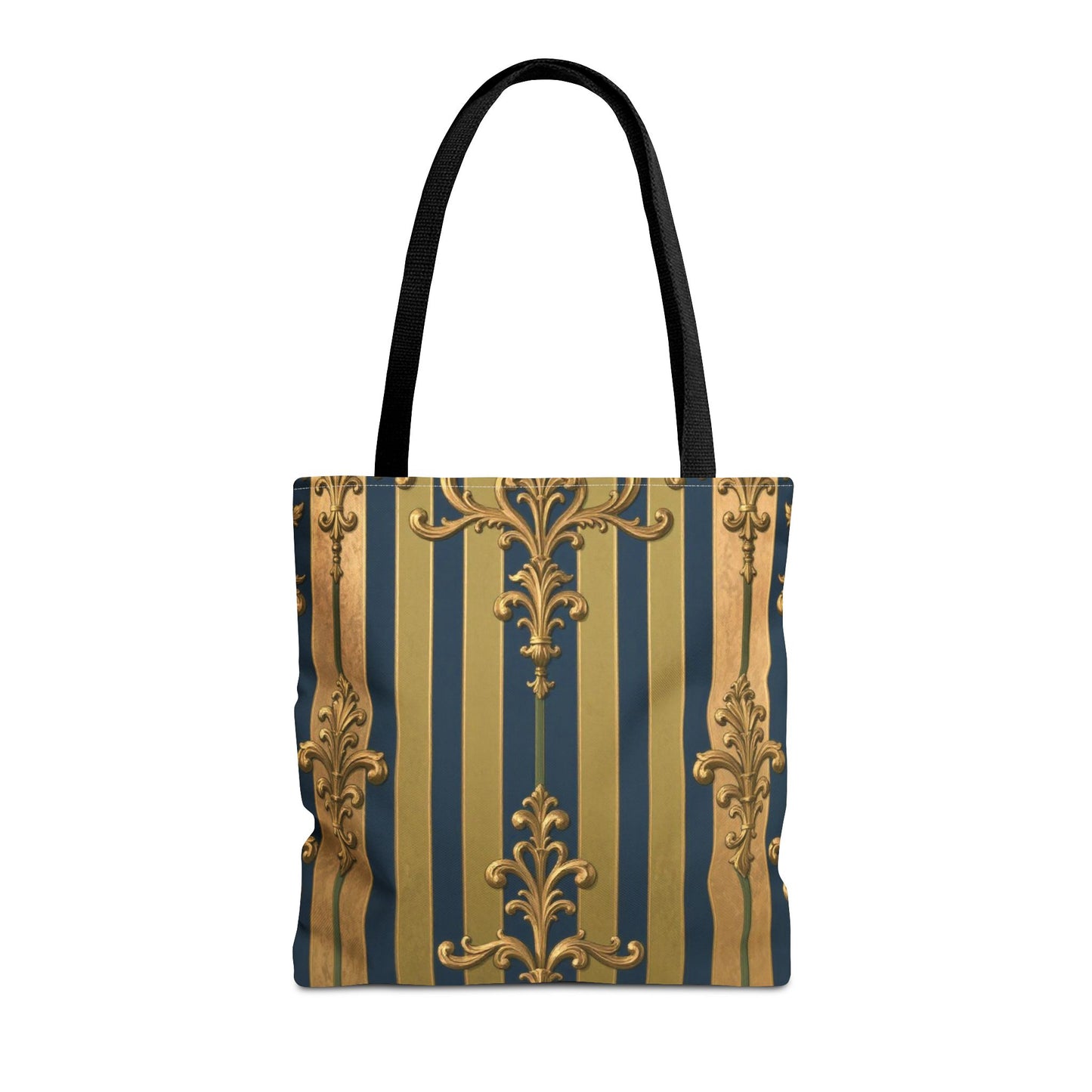 Elegant Midnight Blue & Olive Striped Gold Baroque Golden Striped Tote Bag, Stylish Shopping Bag, Trendy Handbag, Chic Gift for Her
