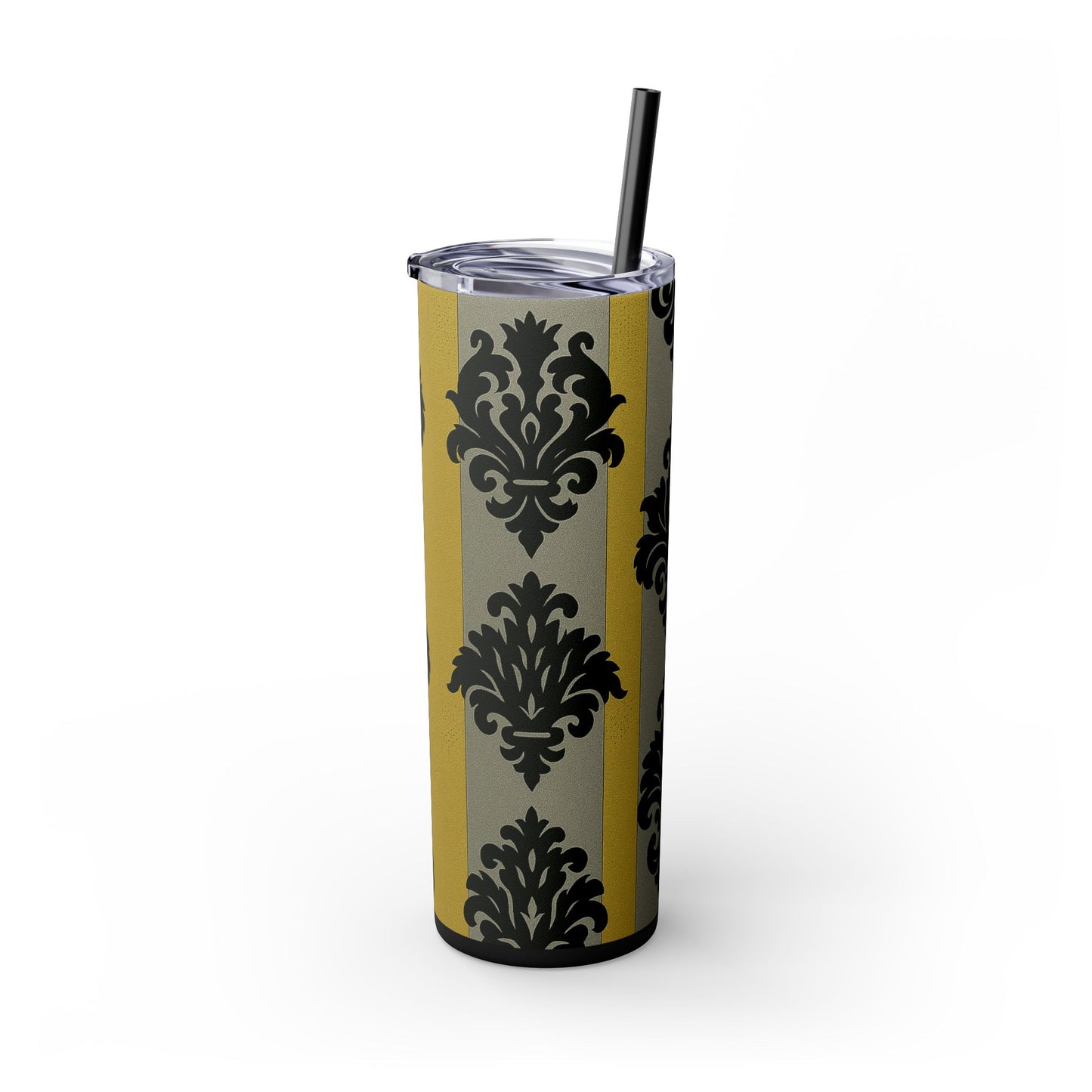 Elegant Baroque Skinny Tumbler, 20oz Travel Mug, Stylish Drinkware for Home or Office, Unique Gift for Her - Silver & Gold Striped Black Baroque