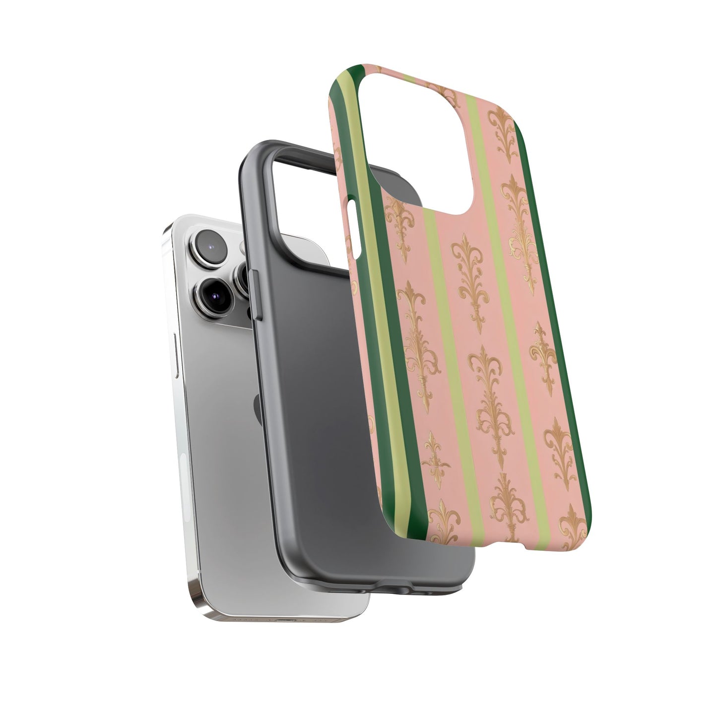 Elegant Floral Motif Phone Case - Tough Cases with Vintage Design - Lime Green & Pink Striped Damask