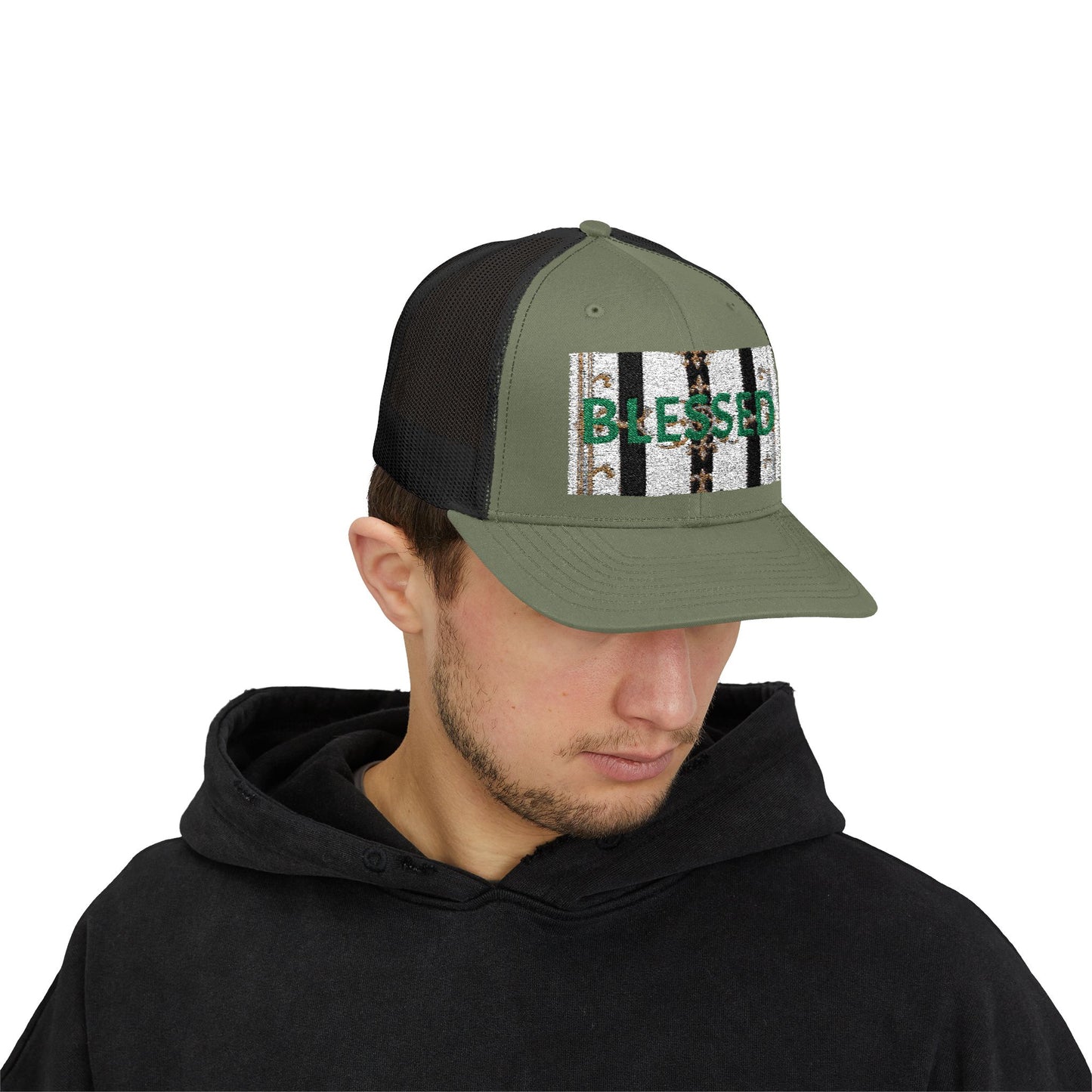 Blessed Snapback Trucker Cap | Casual Style, Outdoor Gear, Faith-Based Gift, Adjustable Hat, Everyday Fashion - Black & White Striped Gold Baroque