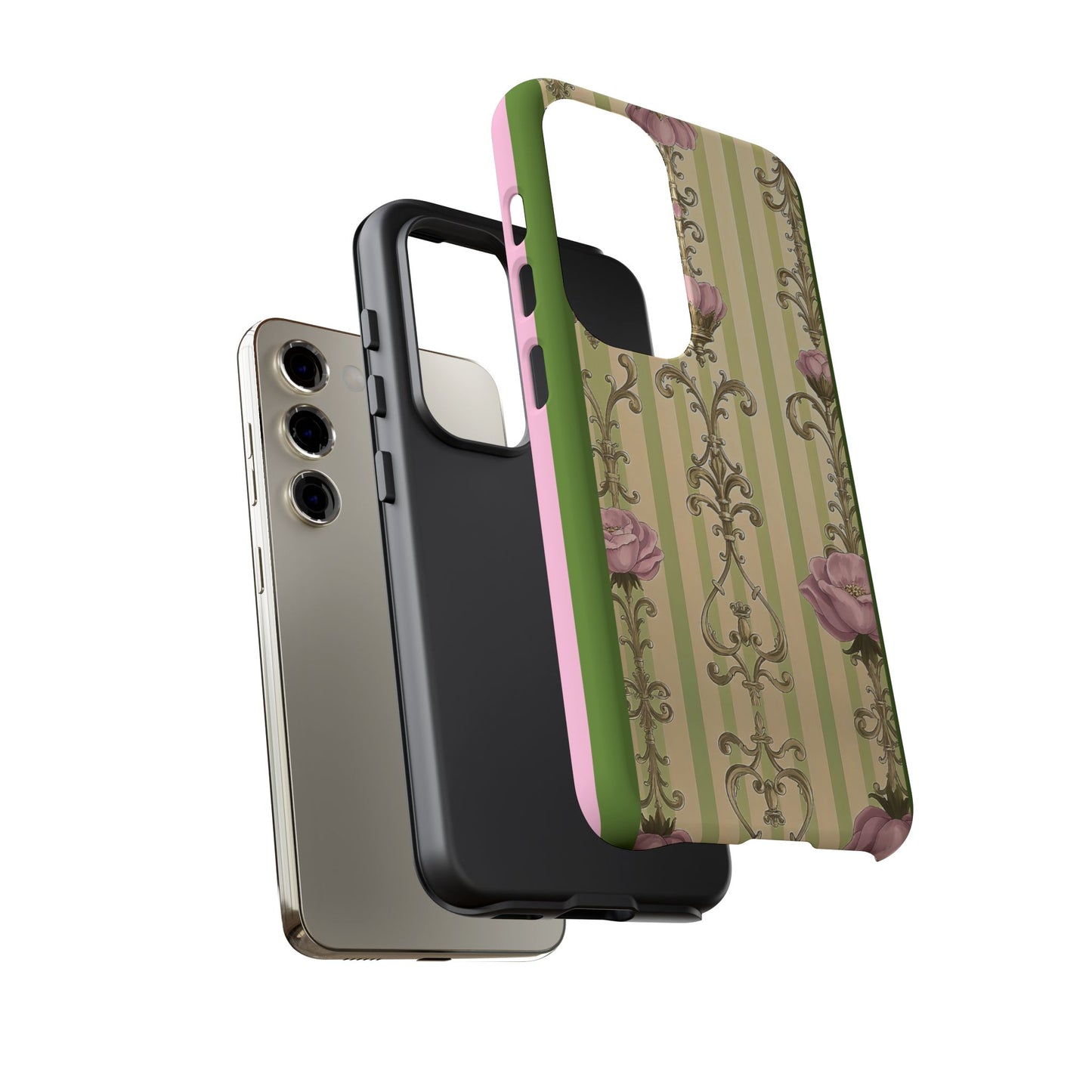 Elegant Floral Motif Phone Case - Tough Cases with Vintage Design - Lime Green & Pink Striped Damask