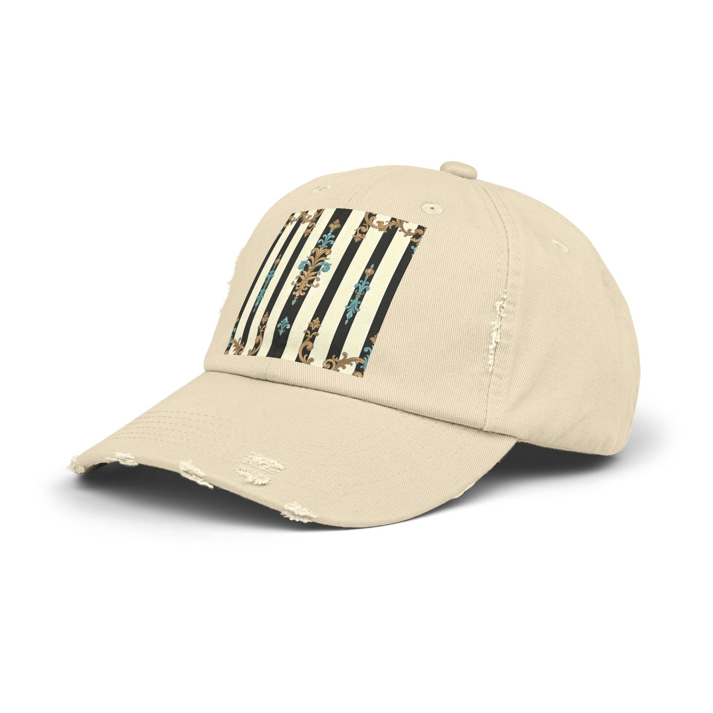 Trendy Distressed Cap for Fashion Lovers, Casual Cap, Gift for Him, Gift for Her - Black Striped Turquoise & Black Rococo