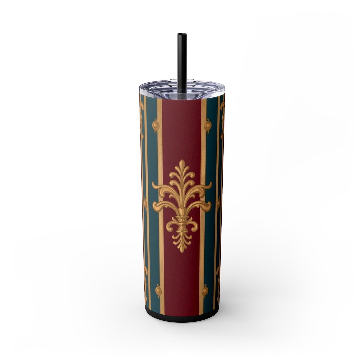 Elegant Vintage Skinny Tumbler with Straw, 20oz | Gold & Burgundy Design | Travel Mug, Gift for Her - Burgundy Striped Gold Baroque