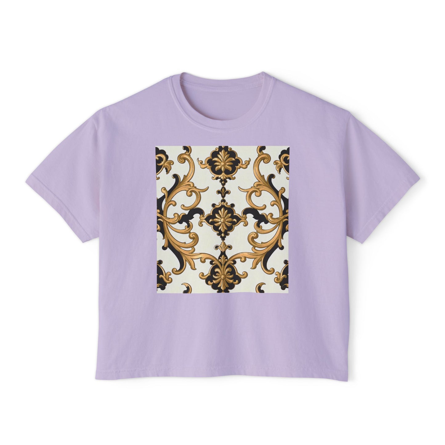 Chic Floral Women's Boxy Tee, Casual Fashion Top, Spring/Summer Essential, Relaxed Fit Tee, Vintage-Inspired Shirt - Black & Gold Rococo
