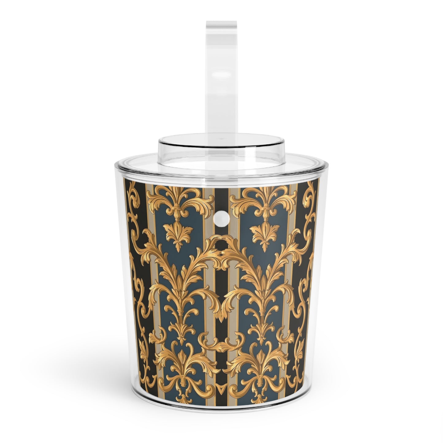Elegant Vintage Style Ice Bucket with Tongs, Perfect for Entertaining, Parties, Home Bar - Blue & Black Striped Rococo