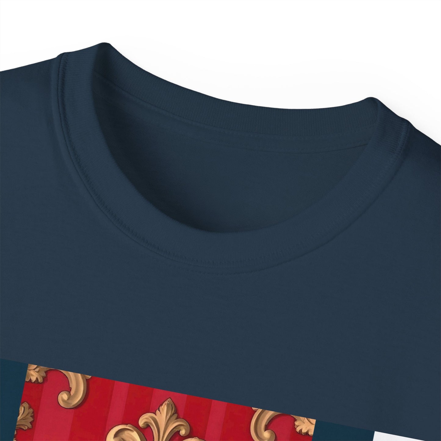 Regal Red Baroque T-Shirt, Artistic Tee, Gift for Art Lovers, Fashionable Statement Shirt, Unique Graphic Top - Blue, Red & White Striped Baroque