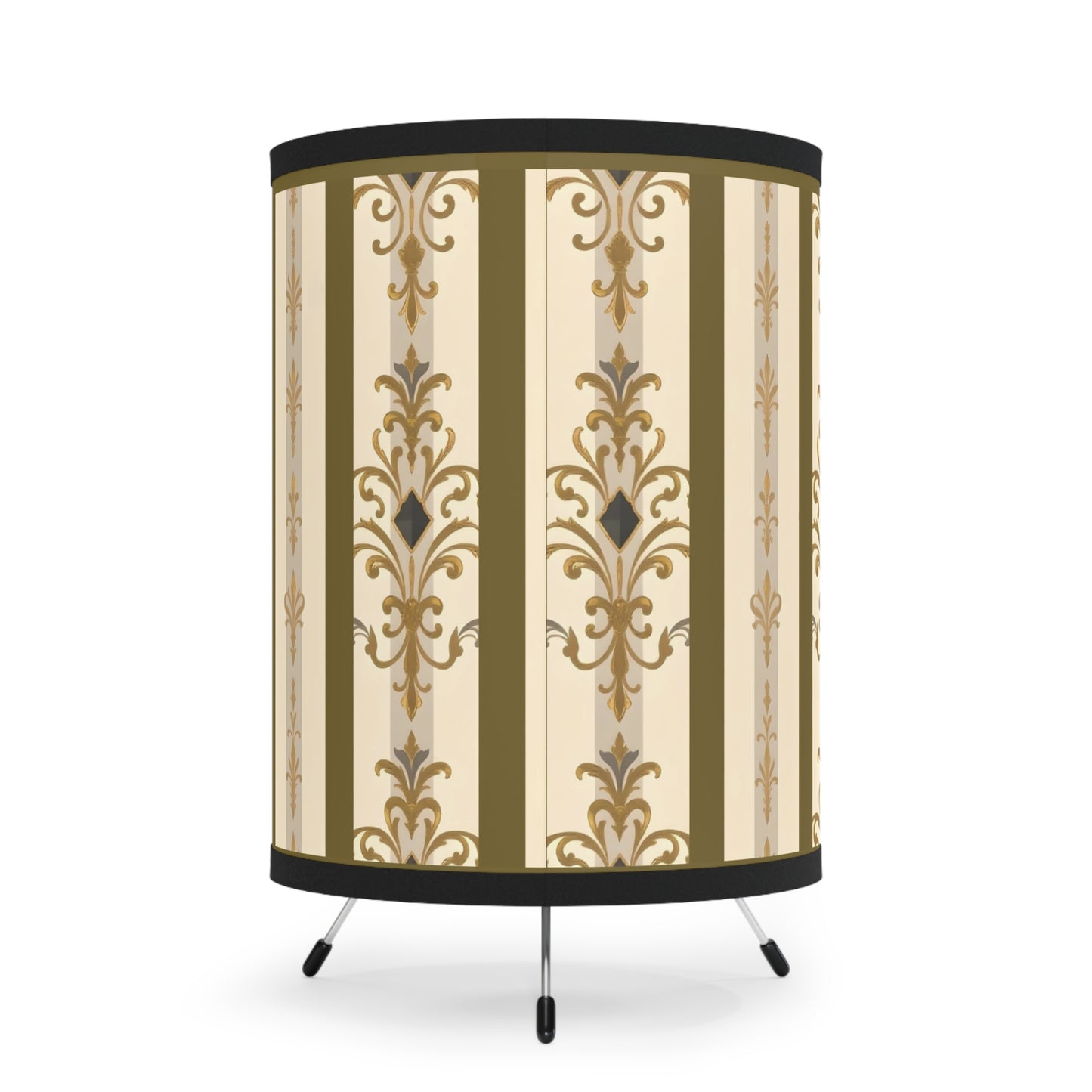 Elegant Tripod Lamp with Vintage Floral Print Shade - High-Res Home Accent - Olive Striped Gold Damask
