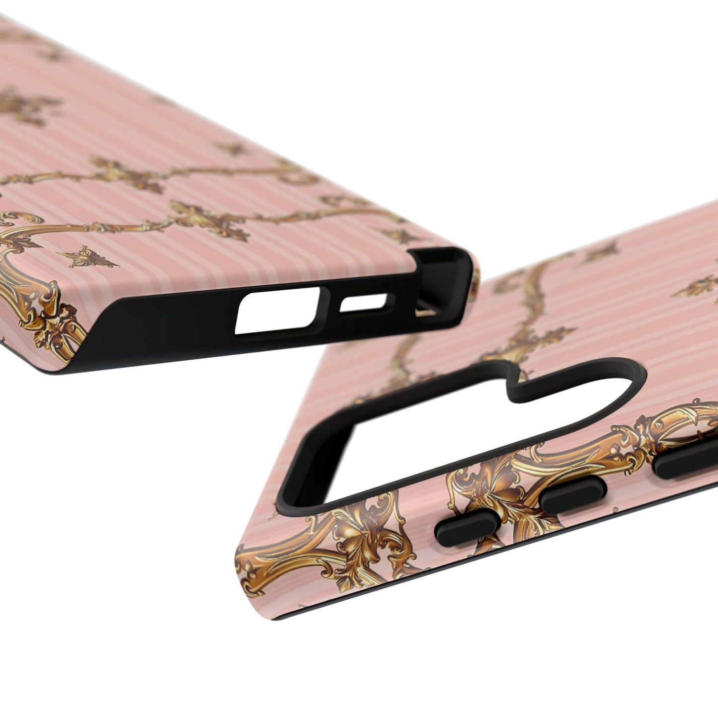 Elegant Floral Phone Case, Tough Cases for Women, Trendy Phone Cover, Chic Gift - Pink Striped Gold Baroque