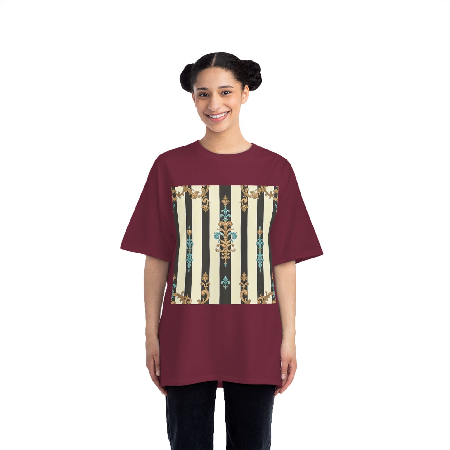 Elegant Floral Pattern Tee, Vintage Style T-Shirt, Gift for Her, Casual Outfit - Black Striped Turquoise & Black Rococo