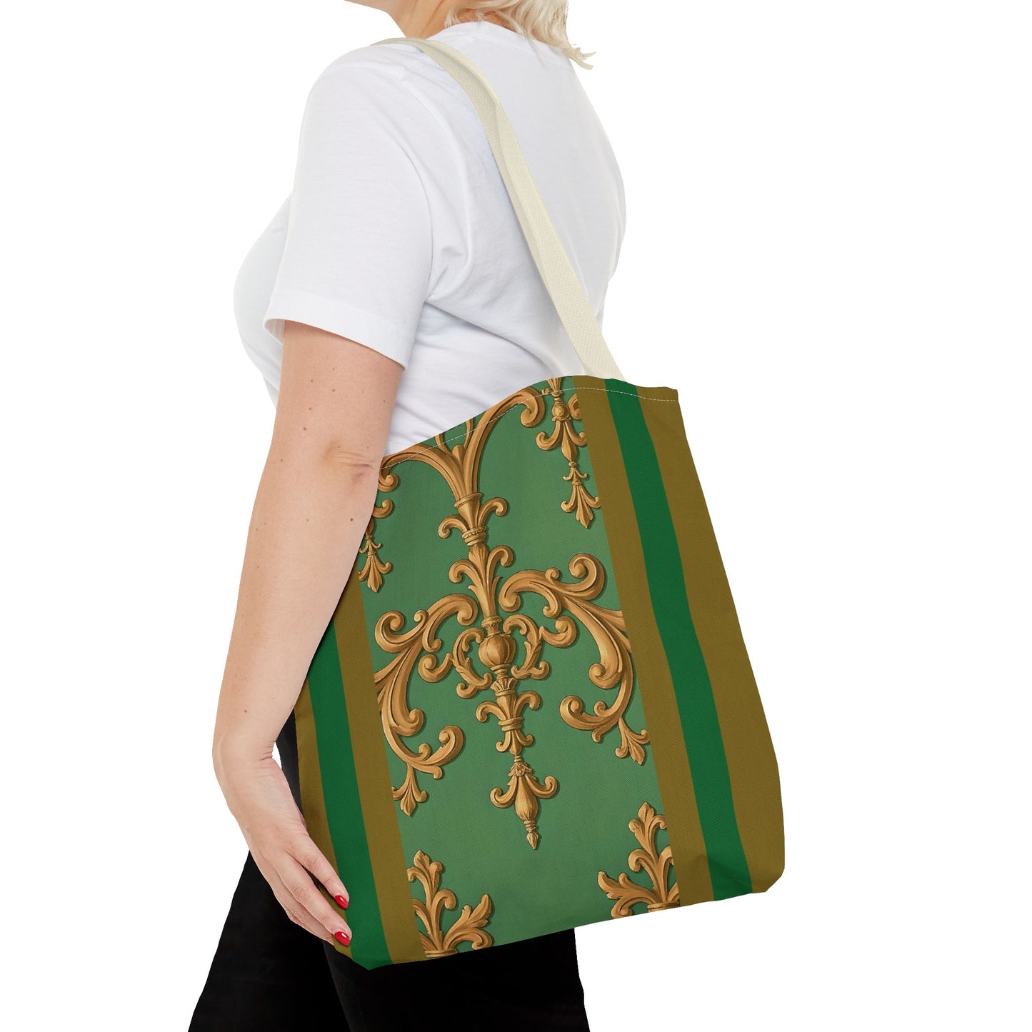 Ornate Floral Tote Bag, Chic Shopping Bag, Fashionable Eco Tote, Stylish Gift for Her, Versatile Everyday Use - Olive Green Striped Rococo