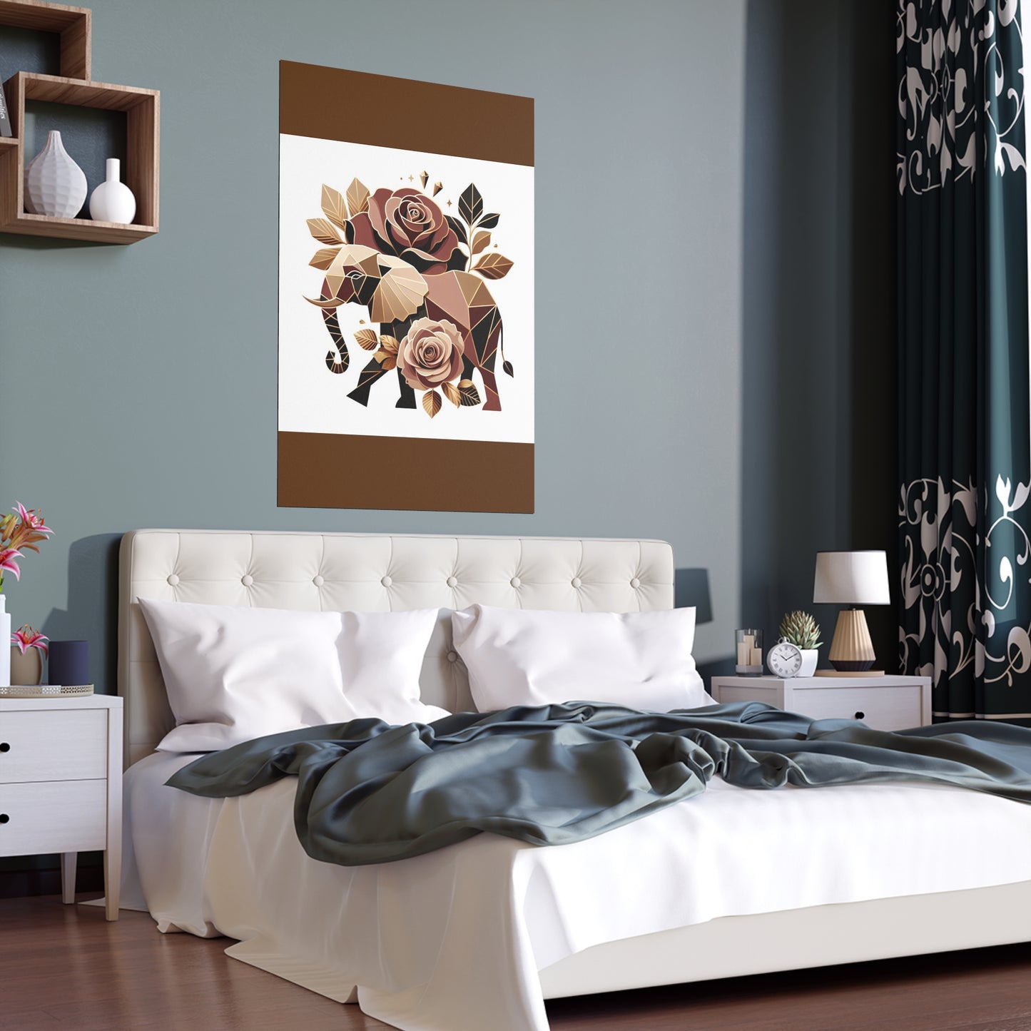 Elegant Floral Silk Poster - Indoor/Outdoor Wall Art for Home Decor - Brown & Gold Elephant & Roses