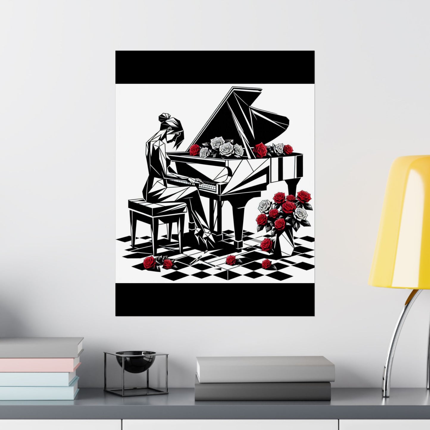 Vertical Poster - Black & White Grand Piano & Red Roses Design
