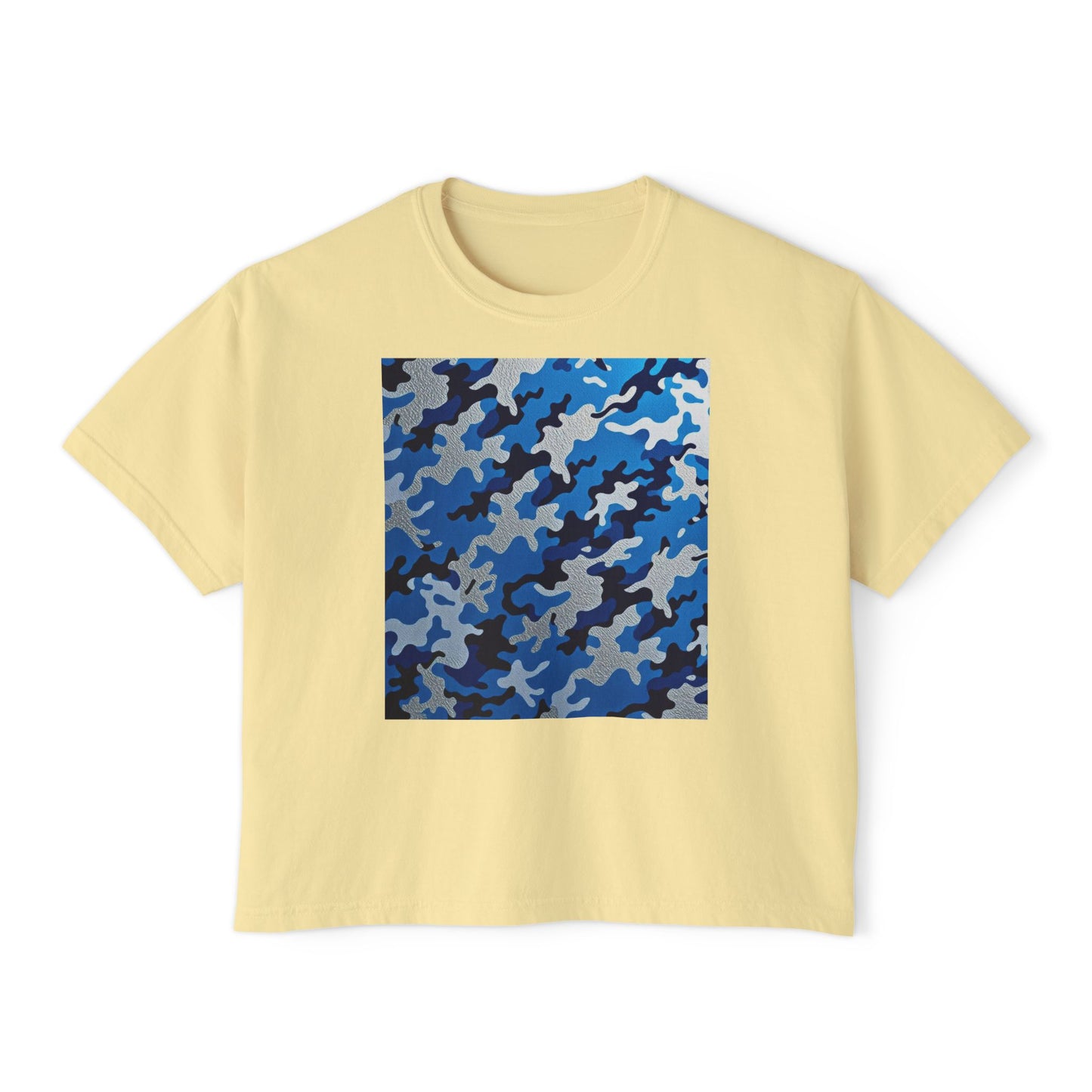 Camo Print Women's Boxy Tee, Casual Top, Summer T-Shirt, Outdoor Wear, Gift for Her, Trendy Fashion - Blue Camo