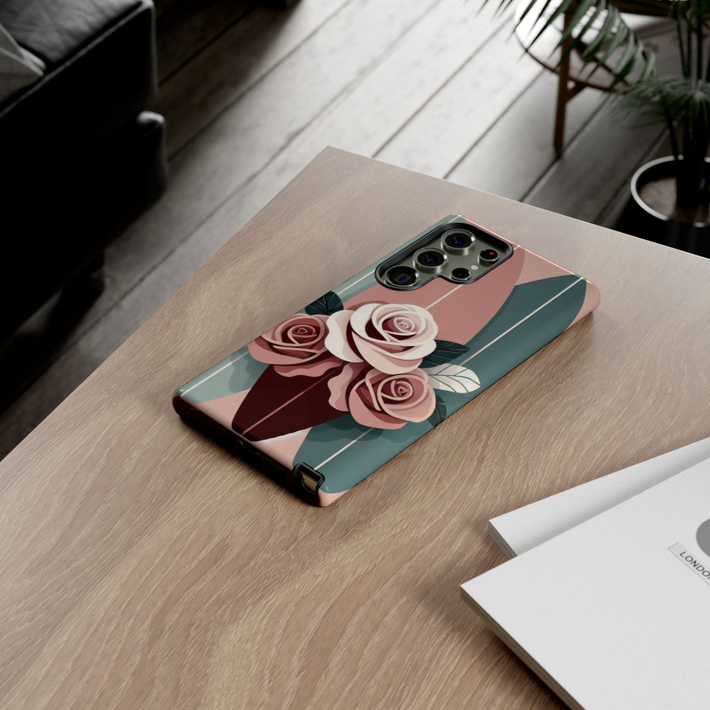 Phone Case - Burgundy, Matte Mauve & Teal Surfboard & Roses Design