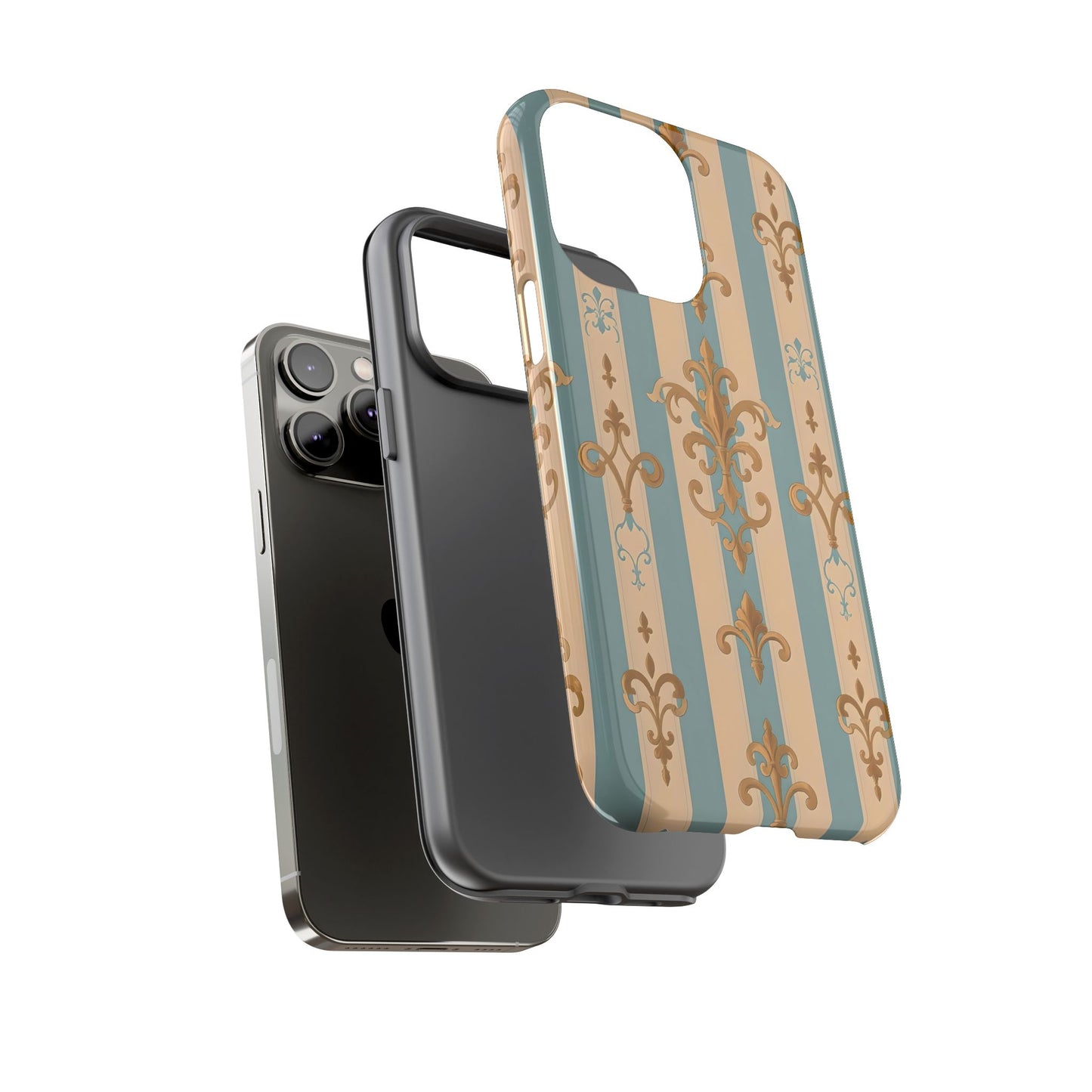 Elegant Floral Motif Phone Case - Tough Cases with Vintage Design -  Beige & Sky Blue Striped Gold Damask