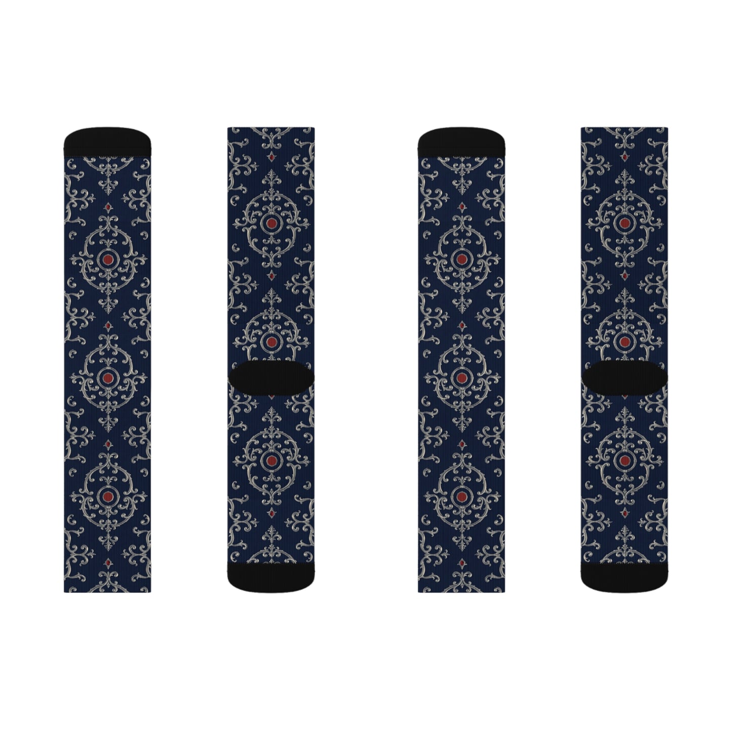 Stylish Sublimation Socks for Everyday Comfort, Unique Gift for Sock Lovers, Cozy Footwear for All Occasions - Blue & Red Striped Silver Baroque