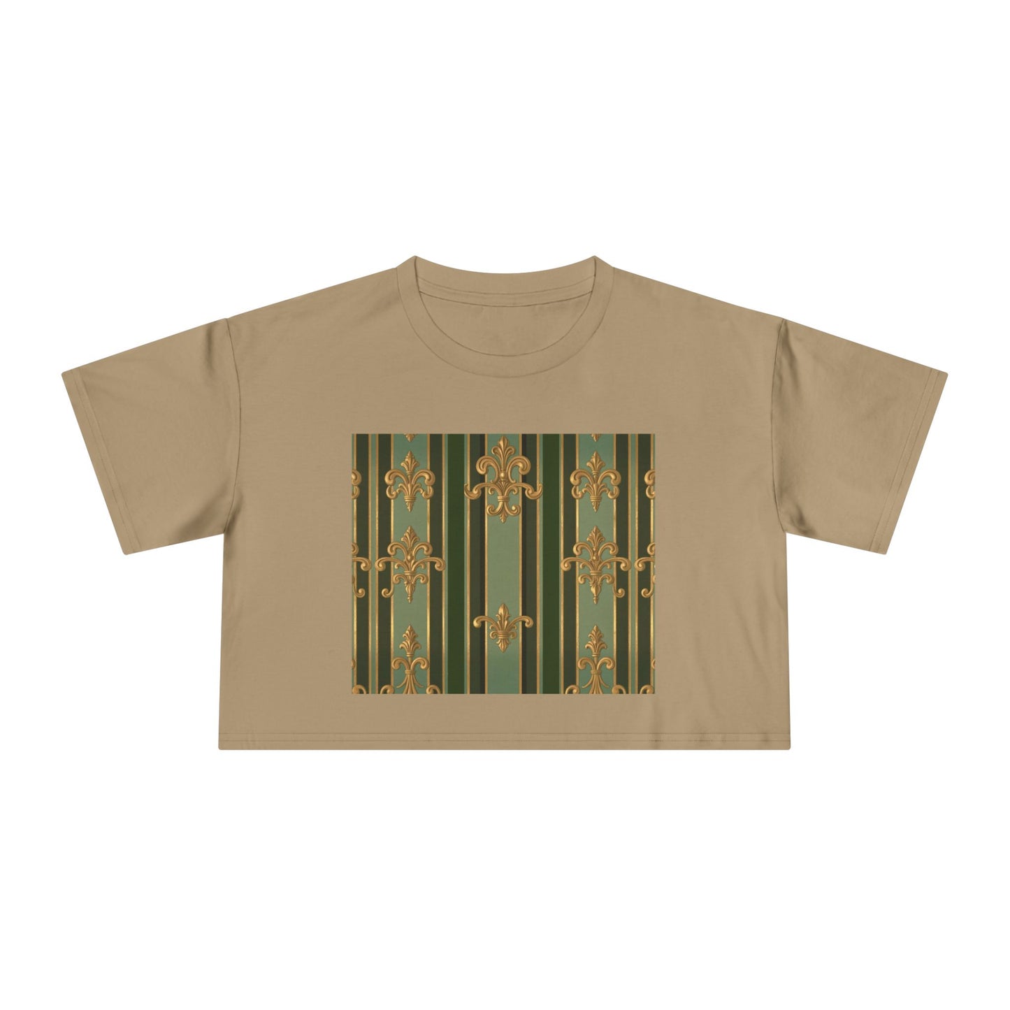 Chic Baroque Women's Crop Tee, Trendy Summer Top, Casual Outing Shirt, Stylish Layering Piece, Gift for Her - Green Striped Gold Baroque