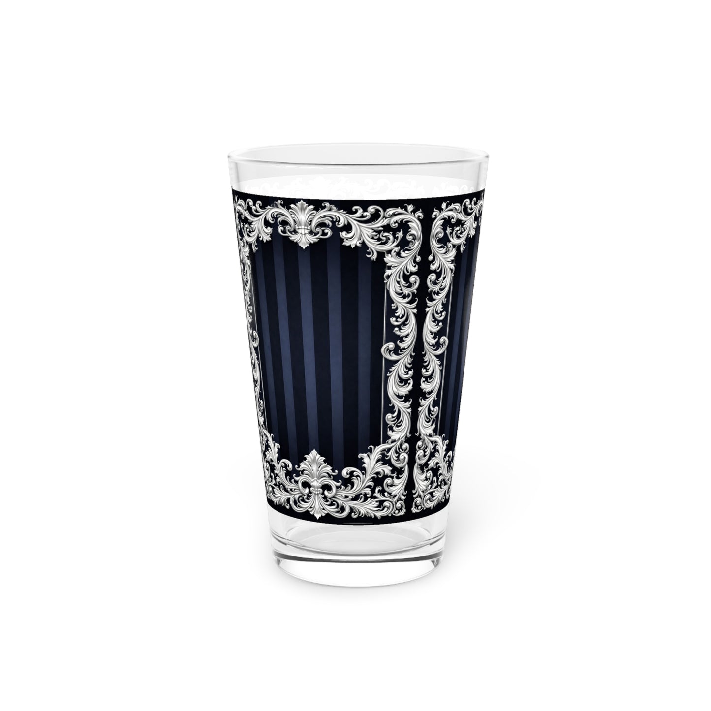 Navy Stripes & Baroque Pint Glass – Ornate Vintage Frame 16oz