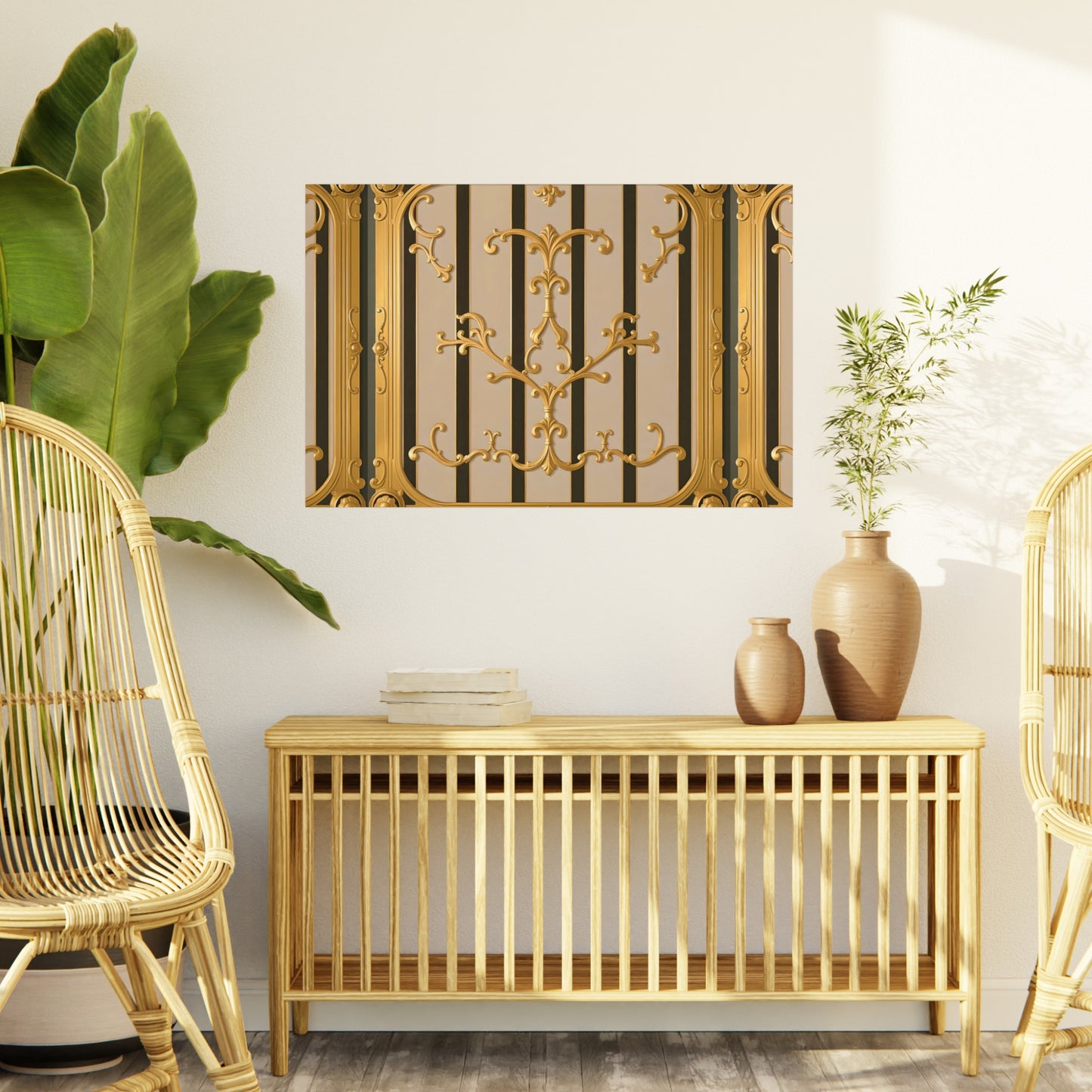 Ornate Foam Board Wall Art, Elegant Home Decor, Decorative Foam Panel, Gift for Homeowners, Wedding Decor Ideas - Beige Striped Gold Rococo