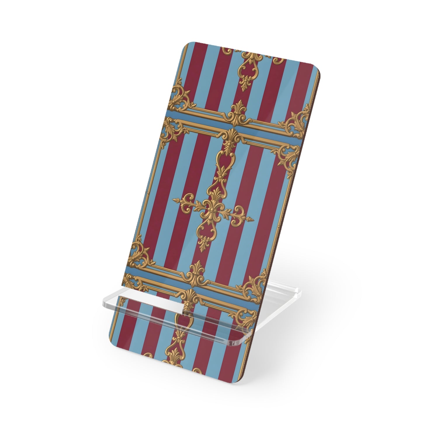 Elegant Smartphone Display Stand, Stylish Phone Holder, Desk Organizer, Gift for Home Office - Sky Blue & Maroon Striped Baroque