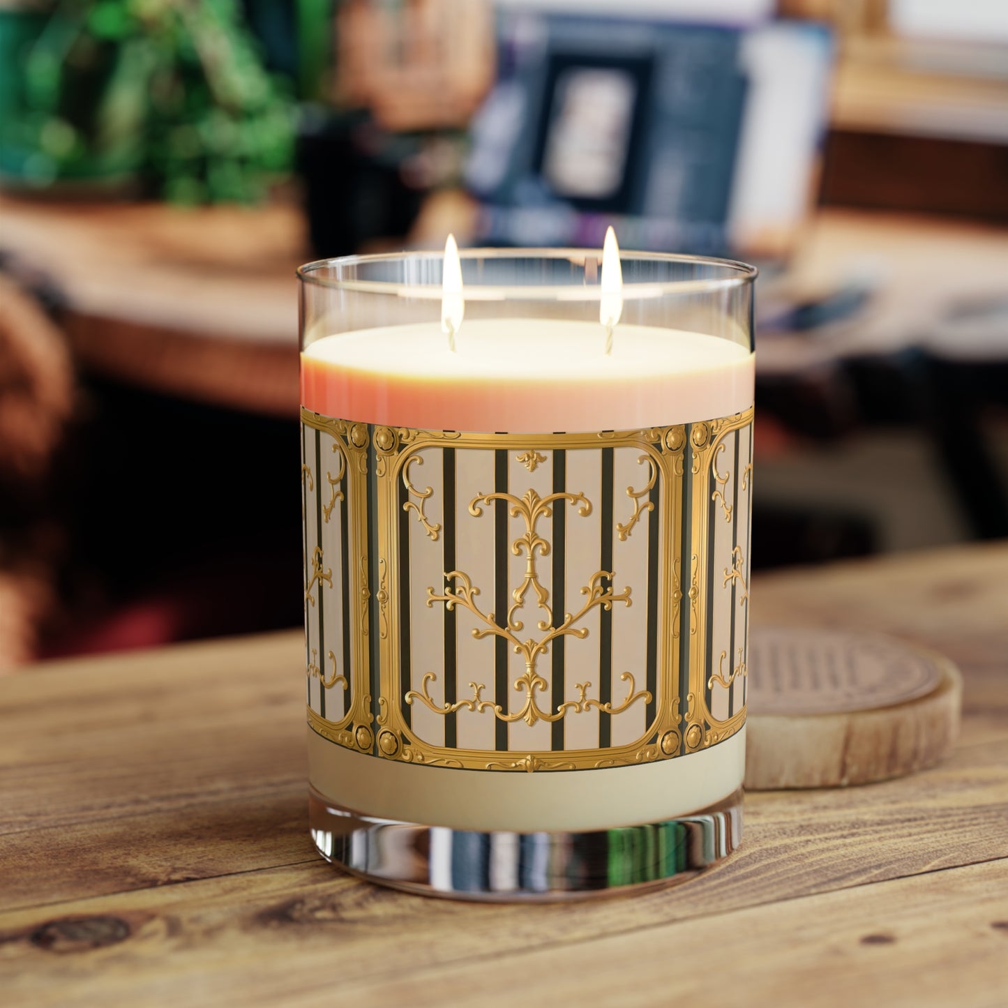 Elegant Scented Candle - Luxury Home Decor, Gift for Her, Relaxation, Aromatherapy, Holiday Gift, Candle Lovers - Beige Striped Gold Rococo