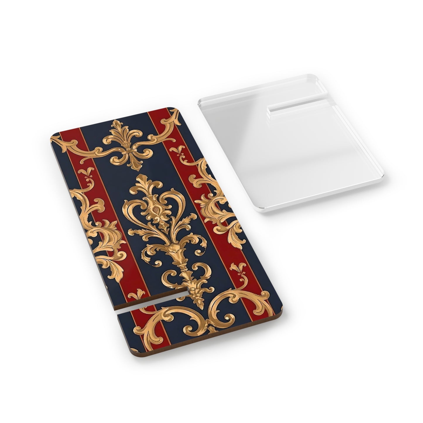 Elegant Floral Motif Smartphone Display Stand - Midnight Blue & Dusk Red Striped Gold Damask - Decorative Mobile Holder