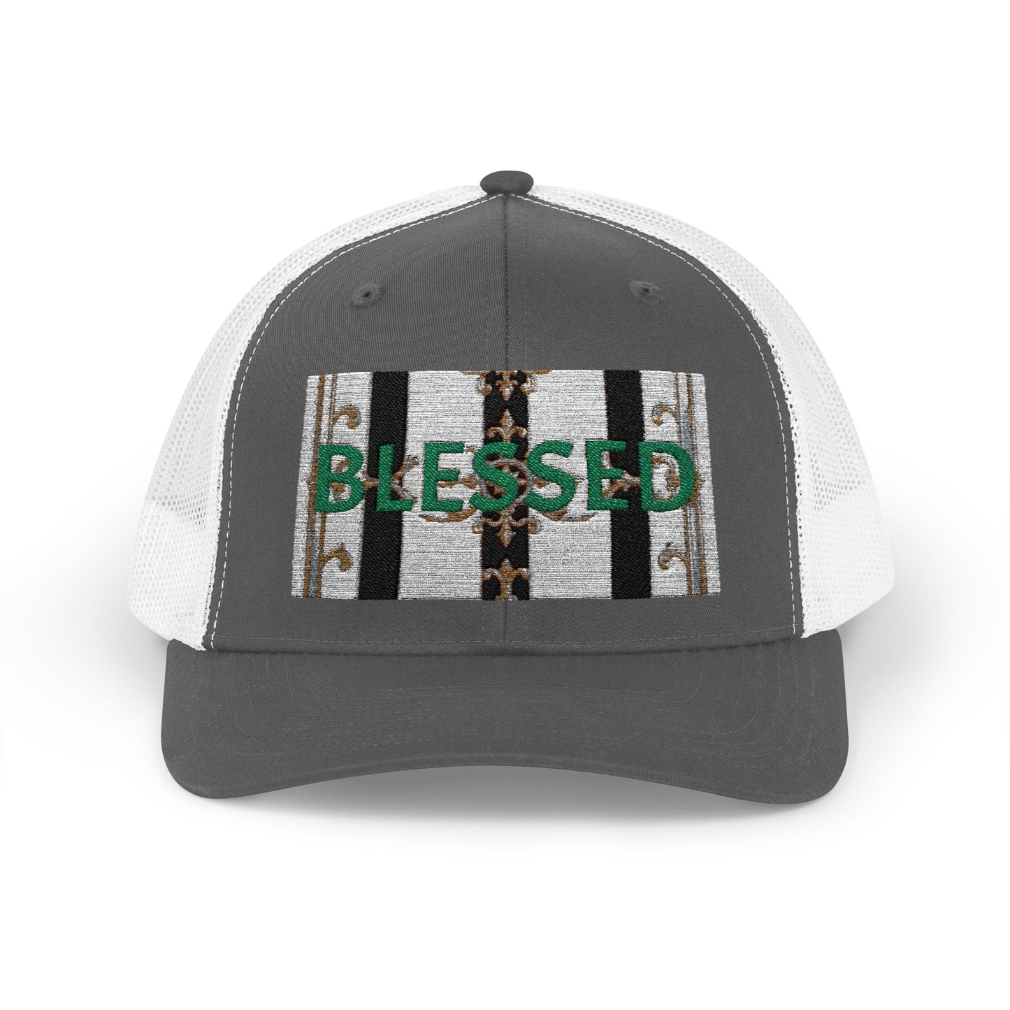 Blessed Snapback Trucker Cap | Casual Style, Outdoor Gear, Faith-Based Gift, Adjustable Hat, Everyday Fashion - Black & White Striped Gold Baroque