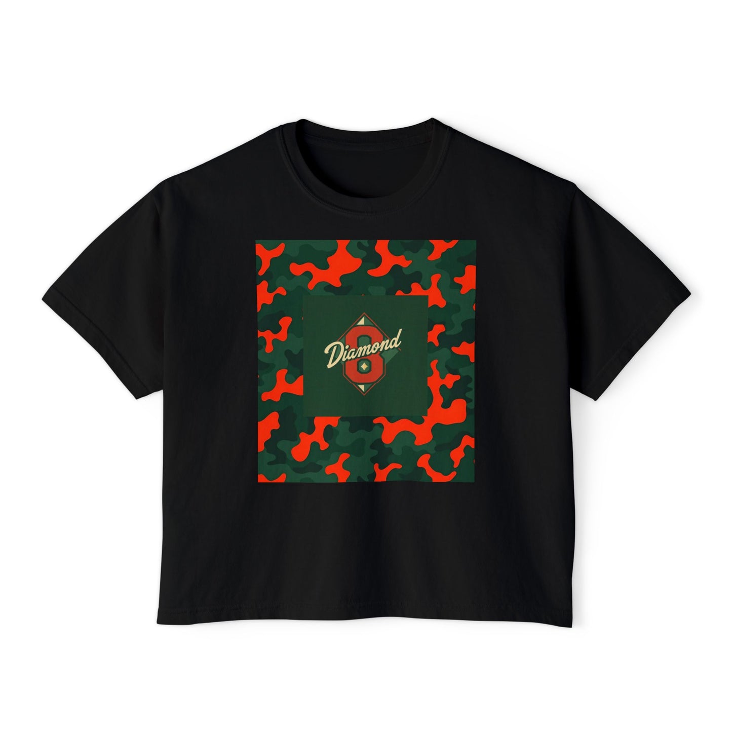 Stylish Women's Boxy Tee - Trendy Camo Print, Casual Summer Wear, Gift for Her, Streetwear Top - Green & Orange Camo Diamond 8