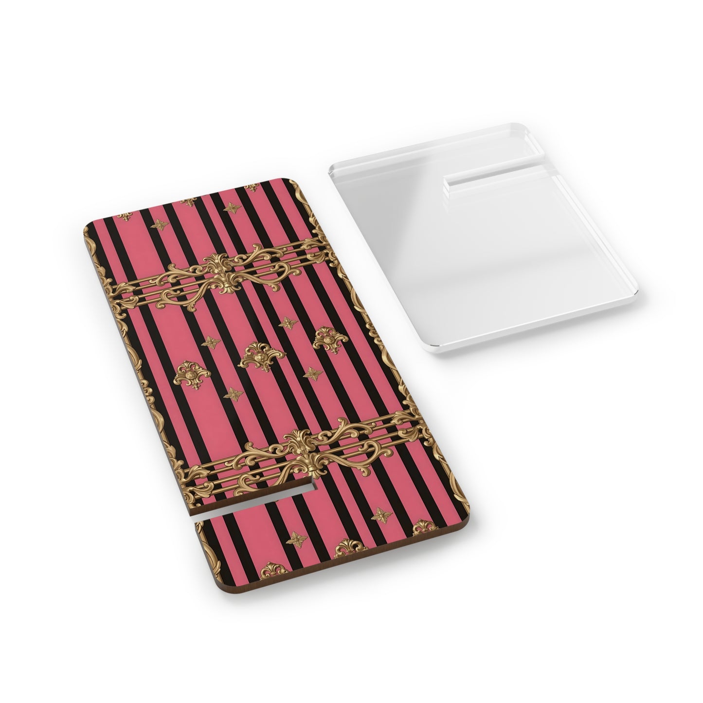 Elegant Mobile Display Stand for Smartphones, Stylish Phone Holder, Office Desk Accessories, Gift for Her - Pink Striped Gold Rococo