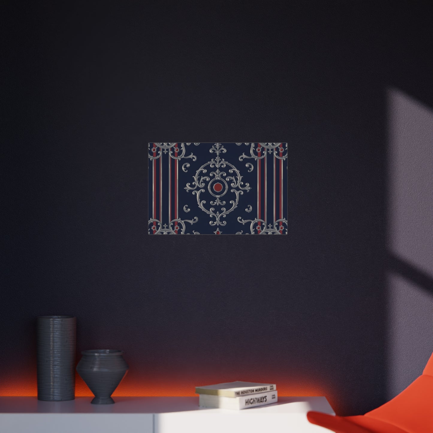 Elegant Foam Board Decor, Nautical Wall Art, Framed Print Alternative, Home Office Wall Accent, Gift for Him/Her - Blue & Red Striped Silver Baroque