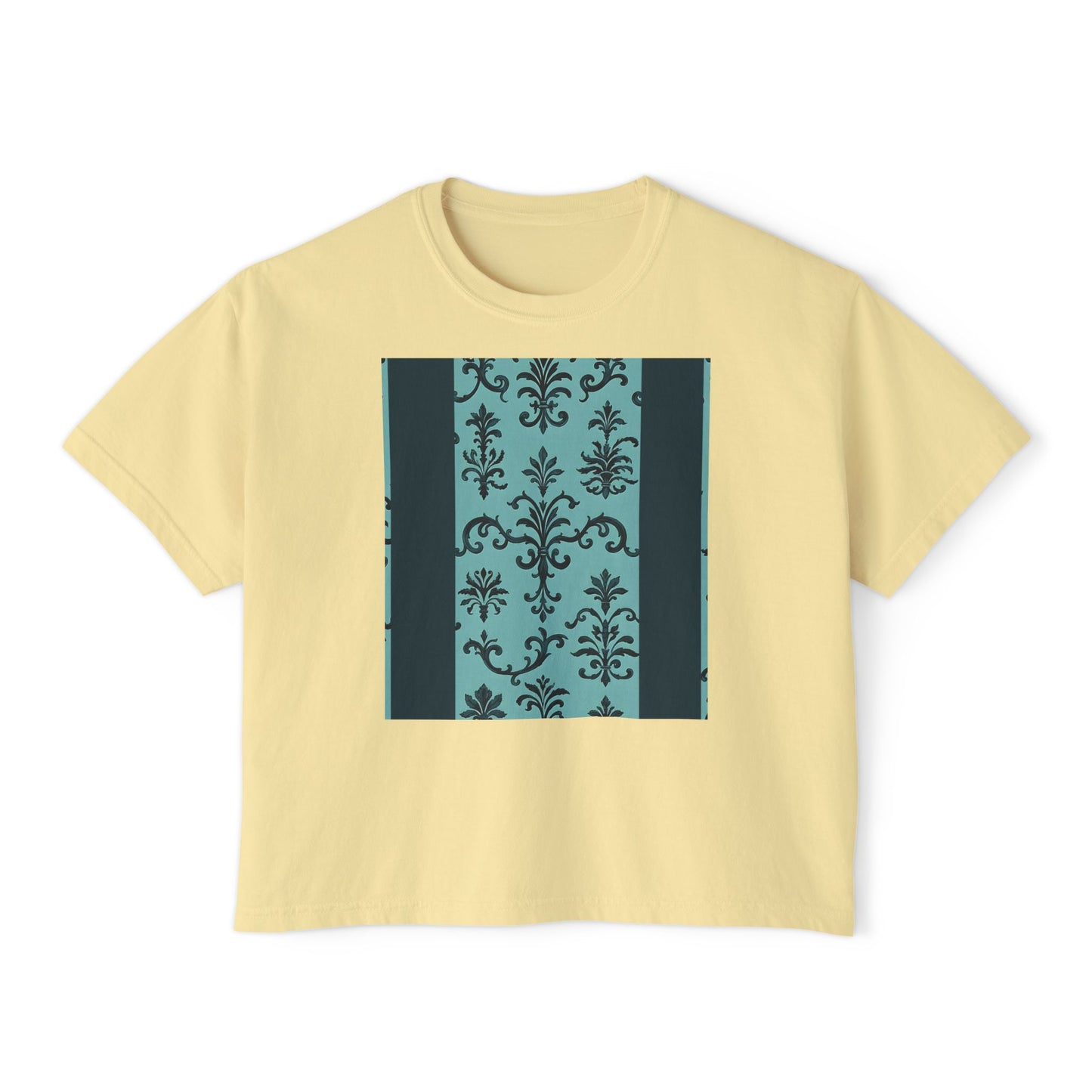 Women's Boxy Tee with Vintage Floral Design, Casual Top, Everyday Wear, Gifts for Her, Summer Fashion, Vintage Style T-Shirt - Teal Striped Rococo