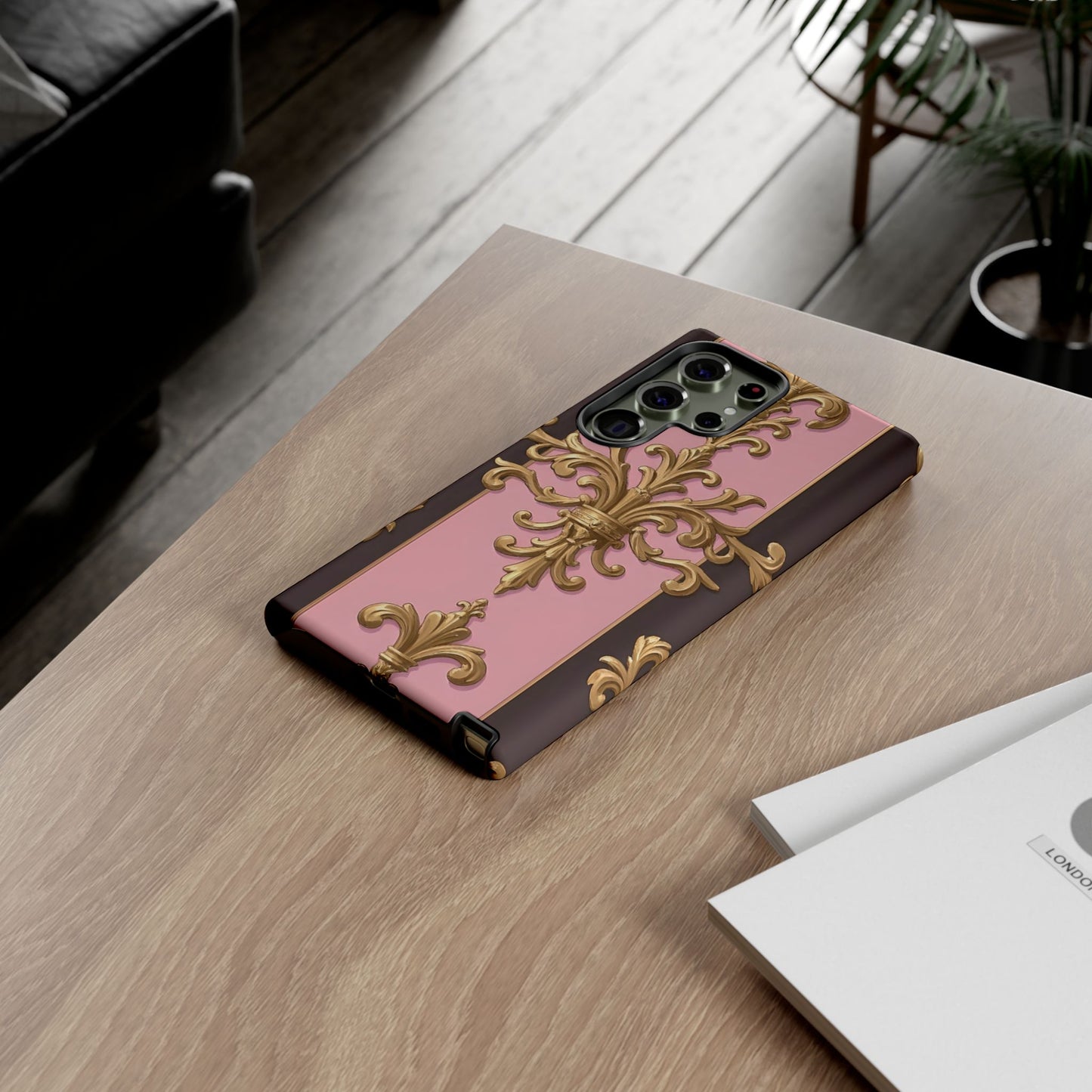 Elegant Floral Motif Phone Case - Tough Cases with Vintage Design - Pink & Brown Striped Gold Damask