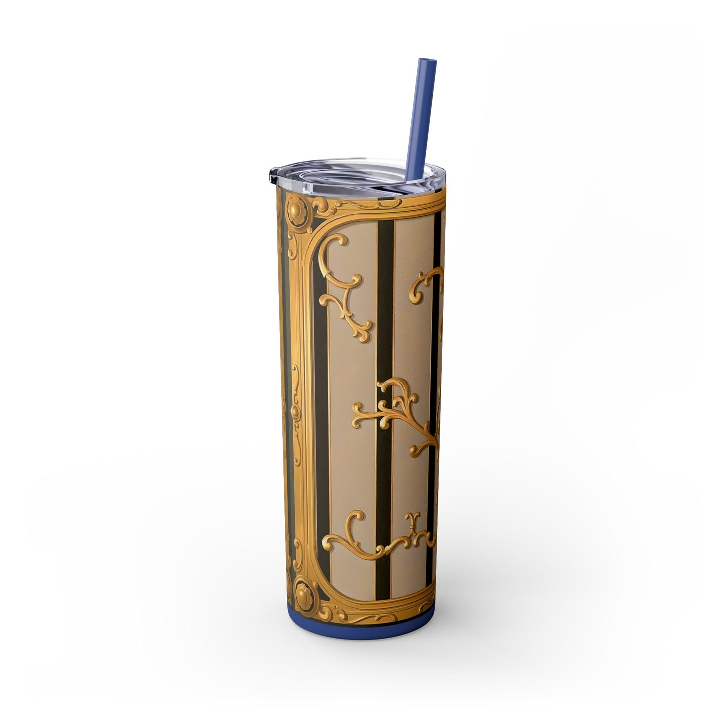 Skinny Tumbler with Straw, 20oz - Beige Striped Gold Rococo