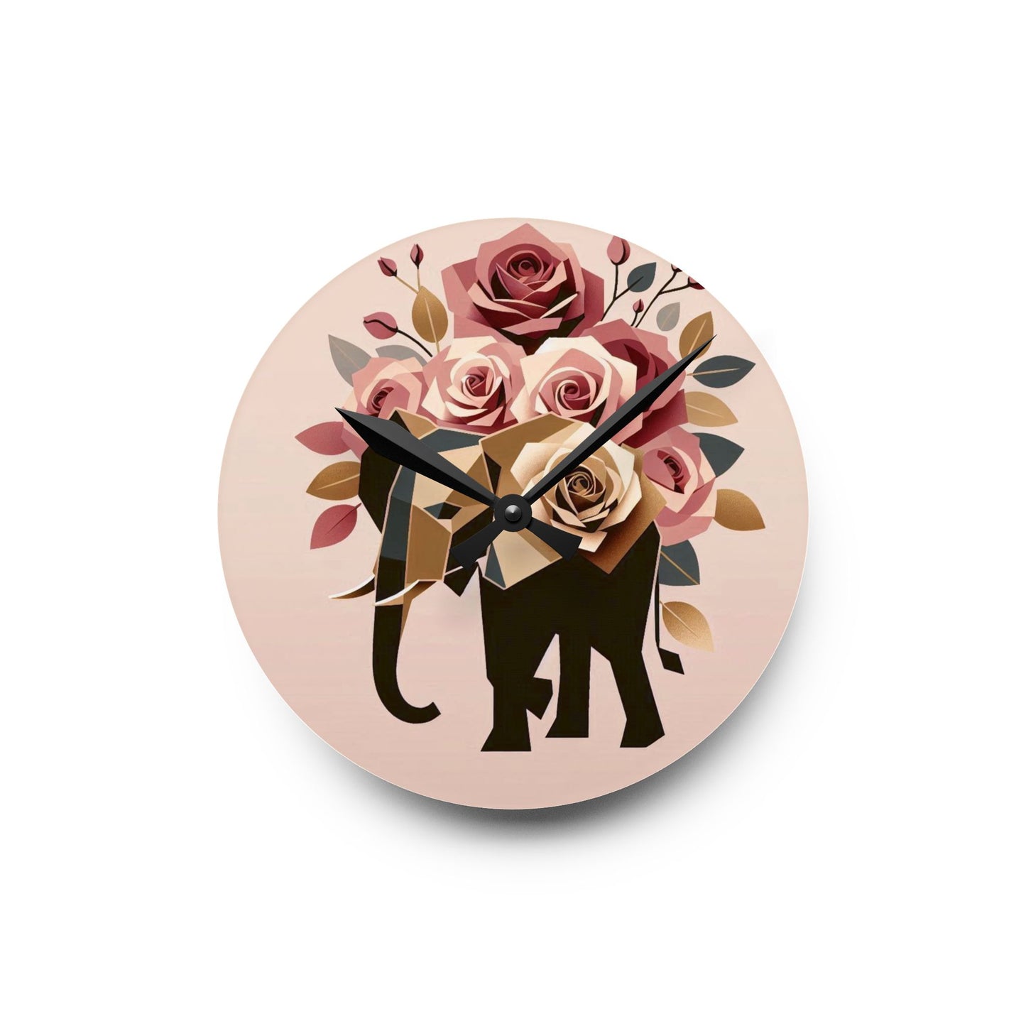 Bohemian Elephant-Inspired Acrylic Wall Clock with Floral Design -  Black & Gold Elephant & Roses Design