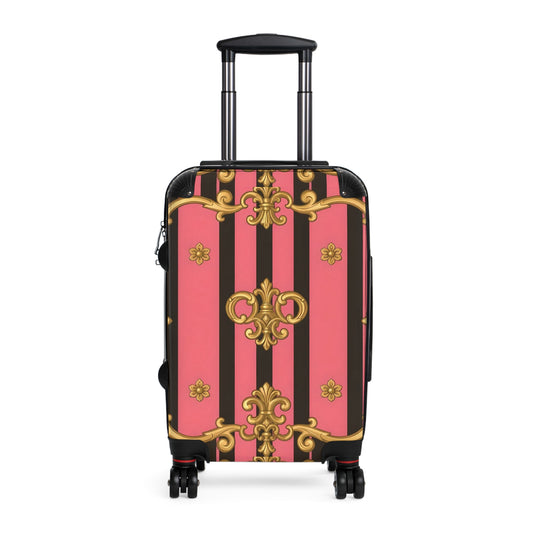 Stylish Pink Striped Suitcase with Gold Accents, Travel Luggage, Vacation Bag - Pink & Black Striped Gold Baroque