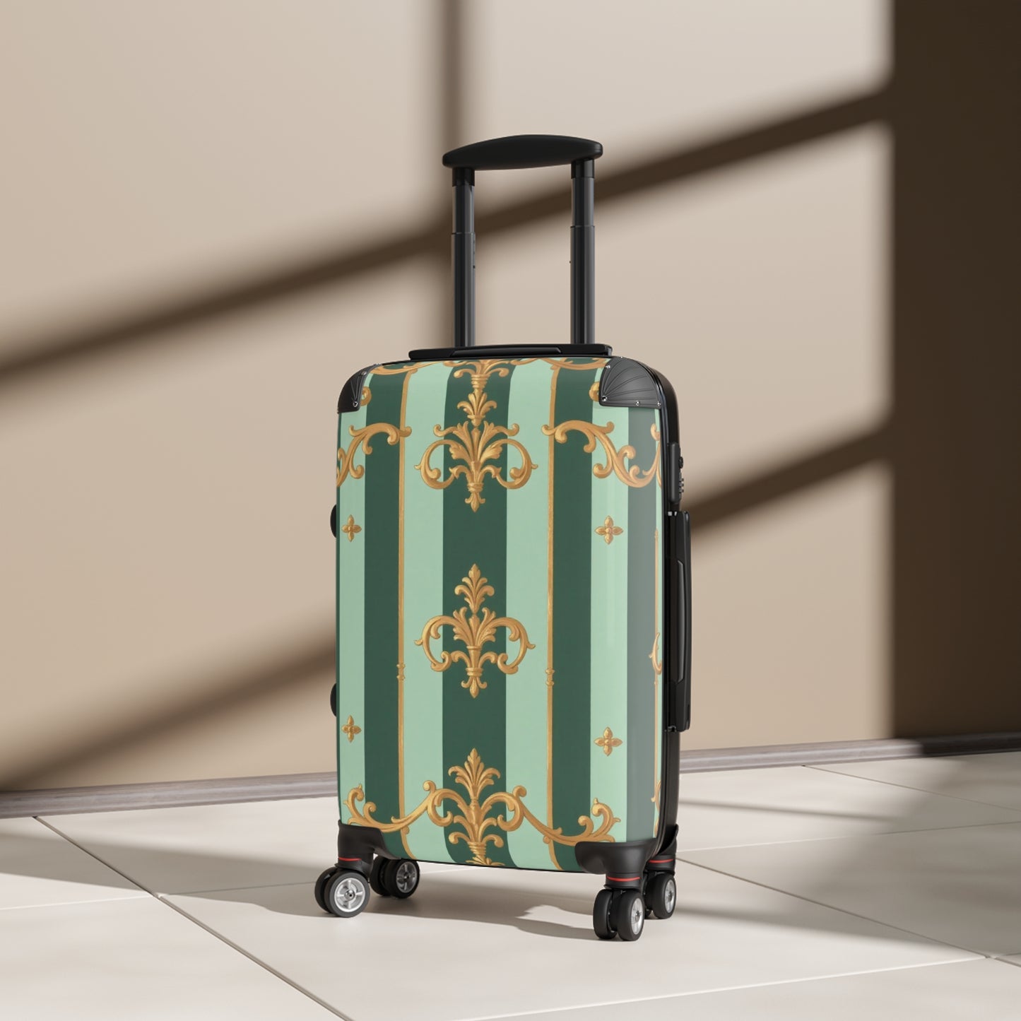 Stylish Travel Suitcase with Elegant Design, Luggage, Vacation Gear, Travel Accessories, Travel Gift - Mint Green & Teal Striped Gold Baroque