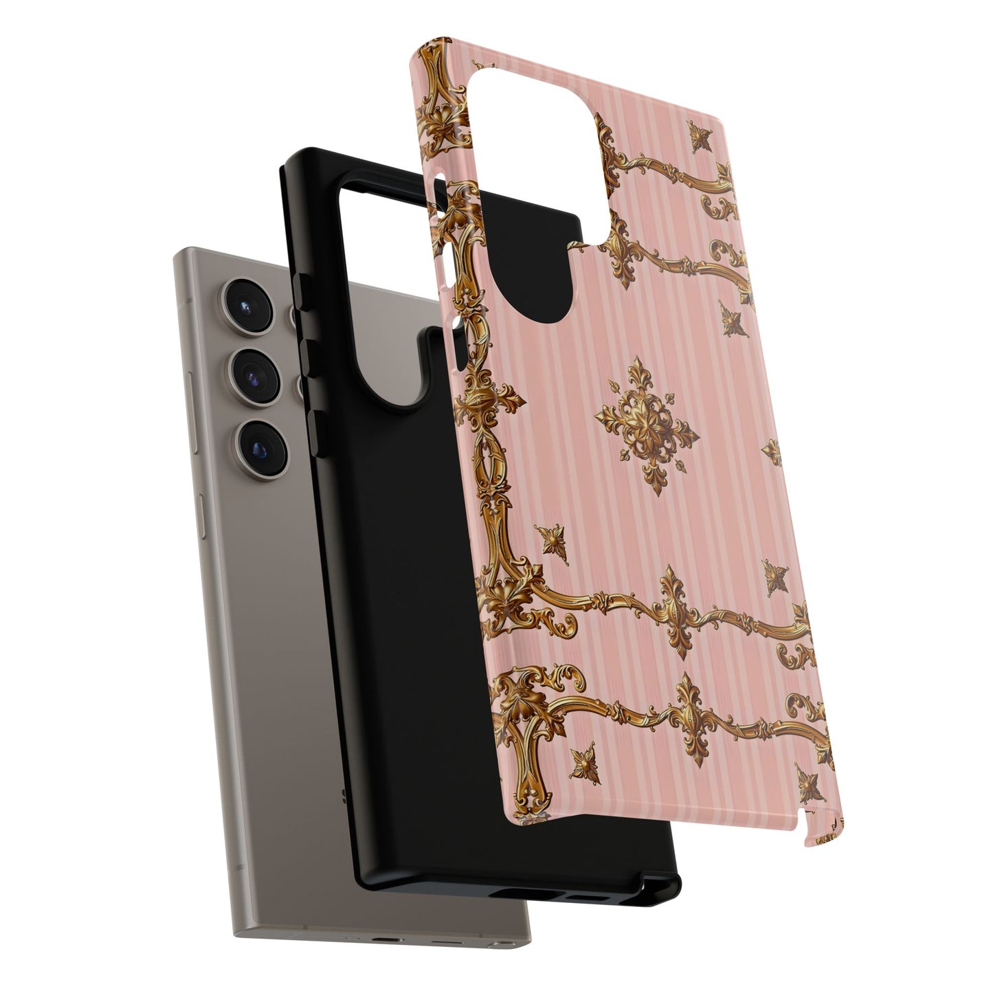 Elegant Floral Phone Case, Tough Cases for Women, Trendy Phone Cover, Chic Gift - Pink Striped Gold Baroque