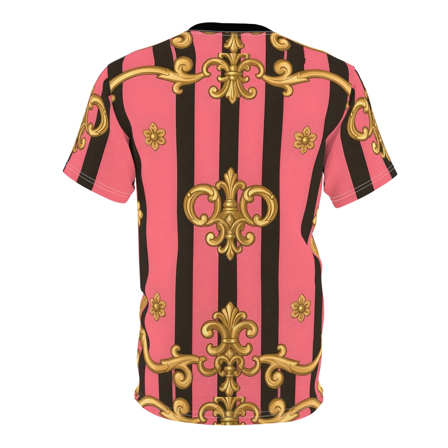 Stylish Unisex Cut & Sew Tee with Bold Pink and Gold Pattern, Trendy Top for Casual Days - Pink & Black Striped Gold Baroque