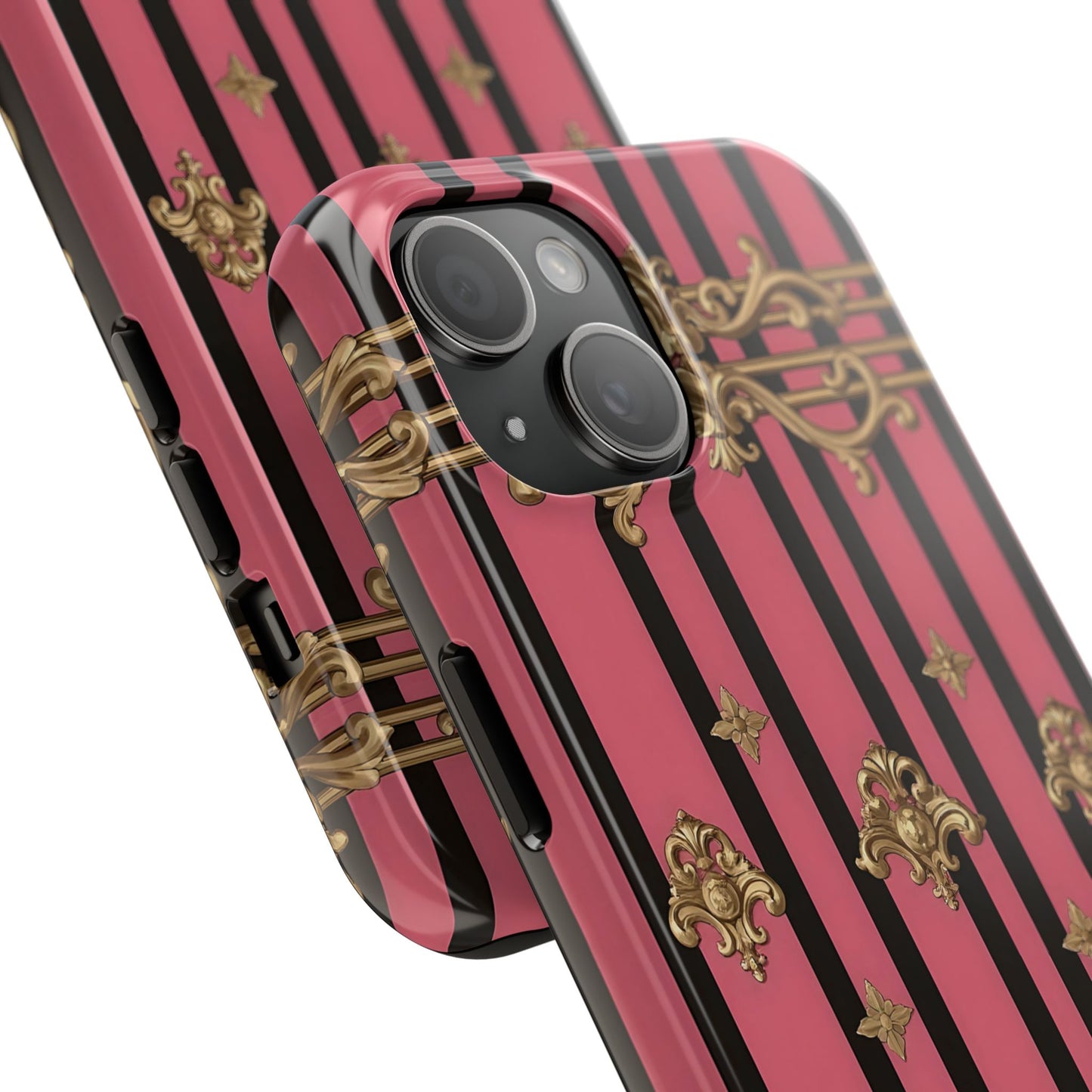 Elegant Floral Phone Cases, Stylish Protective Case for Trendy Individuals, Unique Gift for Tech Lovers, Phone Accessories - Pink Striped Gold Rococo