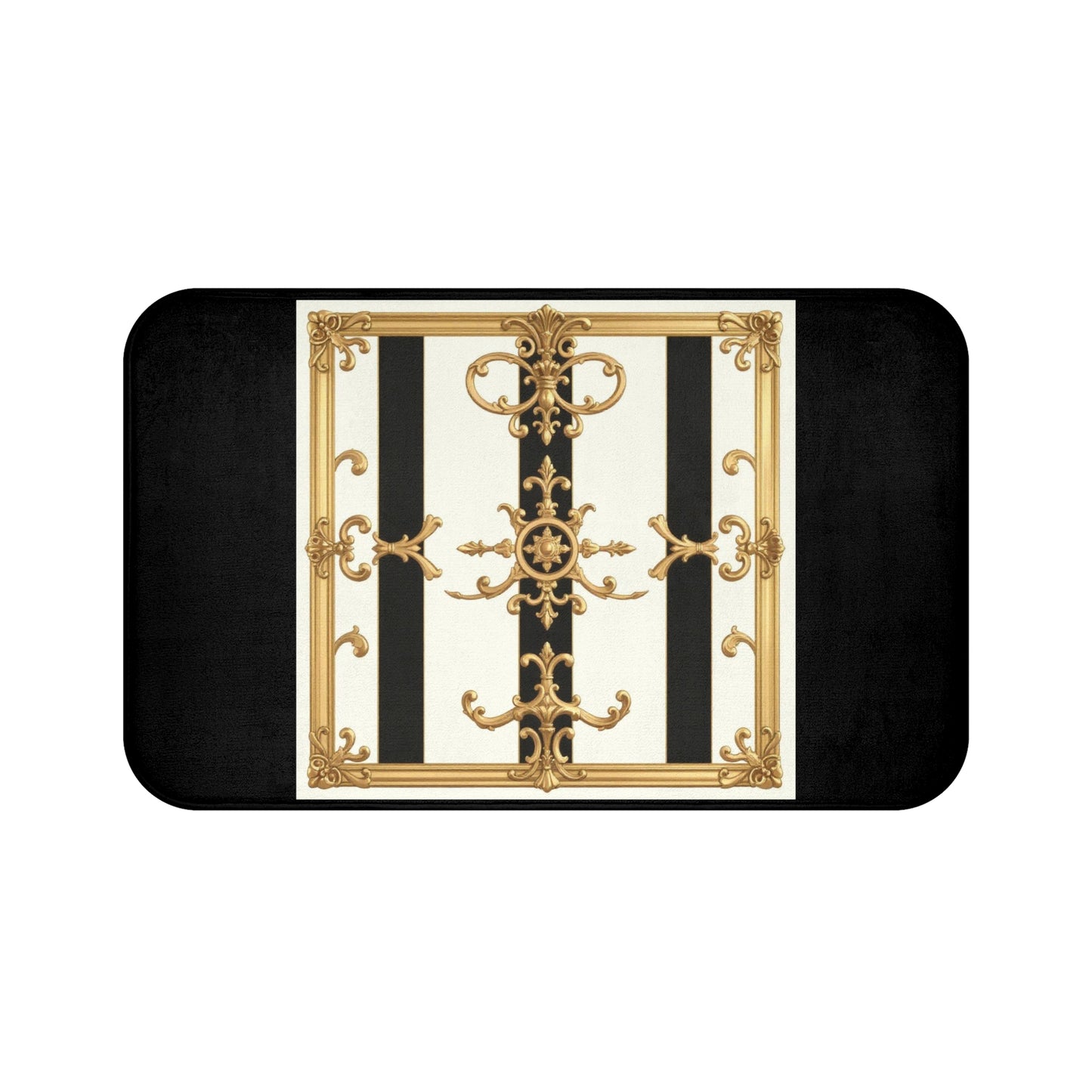 Elegant Gold and Black Bath Mat, Luxurious Bathroom Decor, Chic Home Accent, Gift for Housewarming - Black & White Striped Gold Baroque